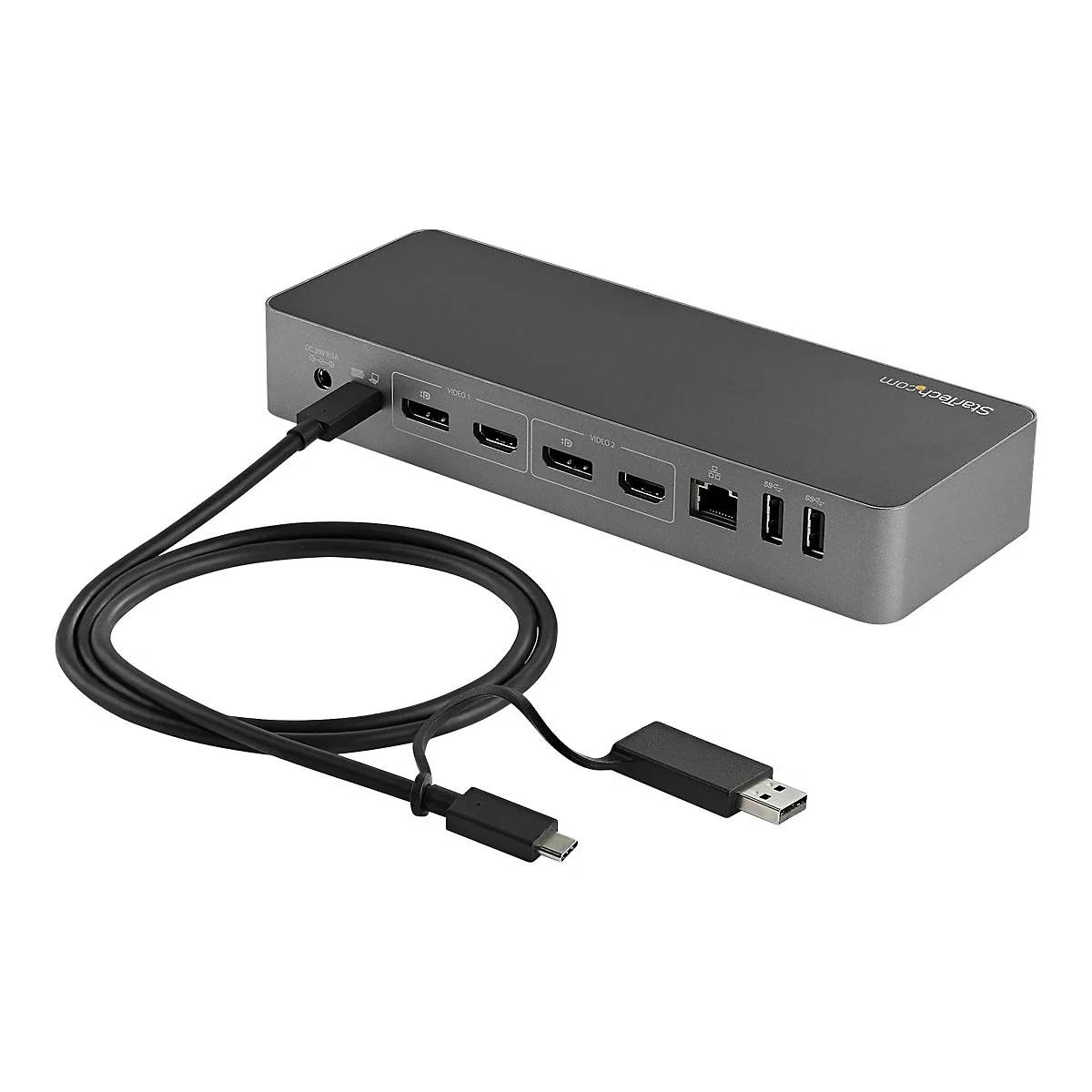 Grauer USB-C-Hub mit Kabeln. Beschriftungen: Video 1, Video 2, HDMI, Ethernet, USB-Ports. Marke: StarTech.com.