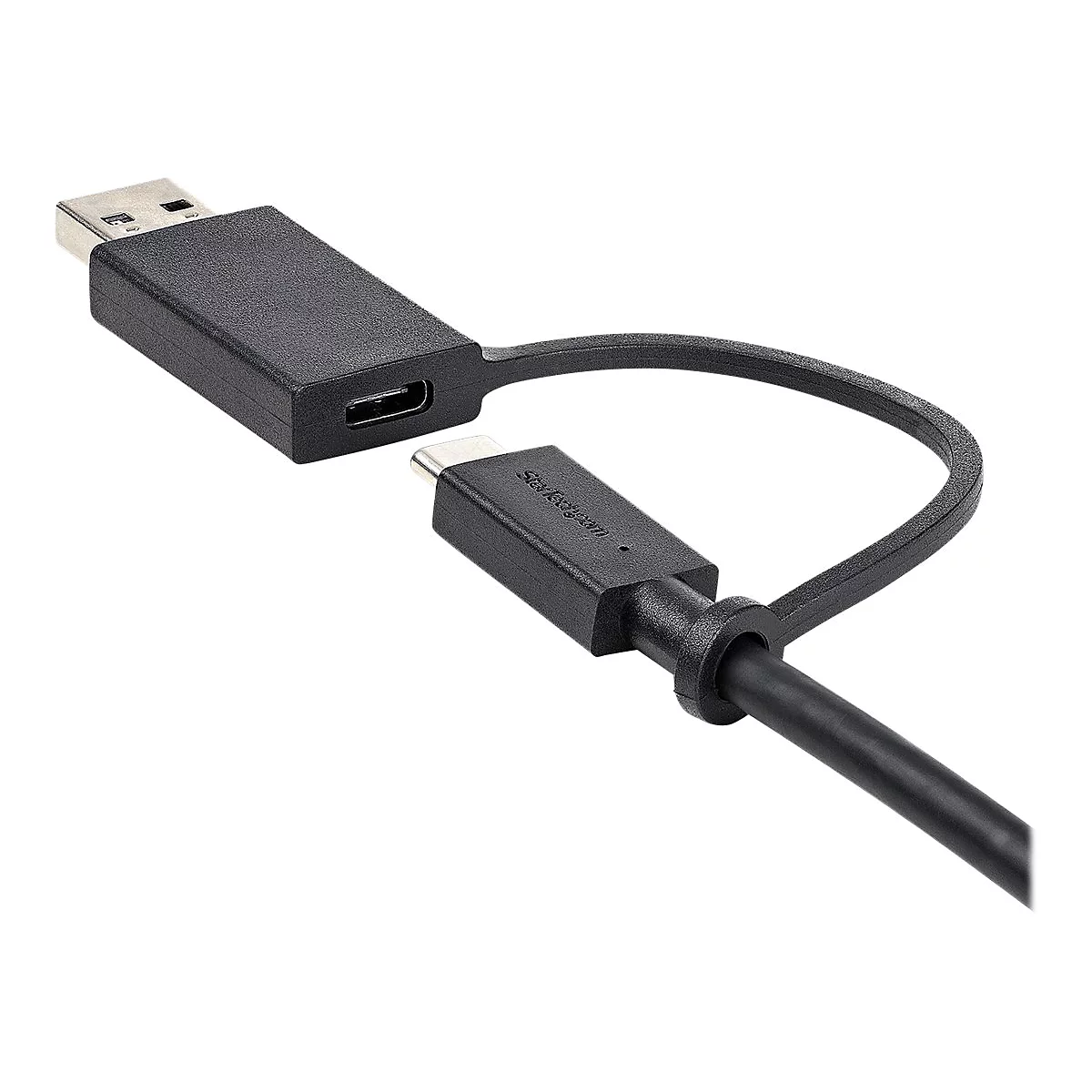 Ein schwarzes USB-Kabel mit USB-A- und USB-C-Anschlüssen. Der Stecker des Kabels hat den Schriftzug "Startech.com".
