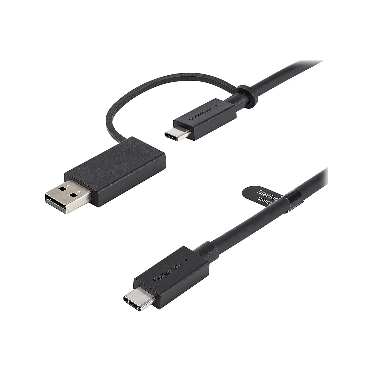 Schwarzes USB-C-Kabel von StarTech.com. Das Kabel hat einen USB-C-Anschluss an beiden Enden und einen USB-A-Anschluss an einem Ende.