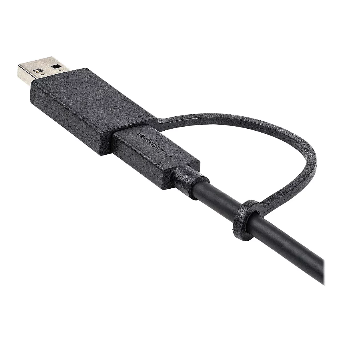 Schwarzes USB-Kabel. Der USB-Stecker ist nach oben gerichtet, das Kabel biegt sich in einer Schlaufe zurück.