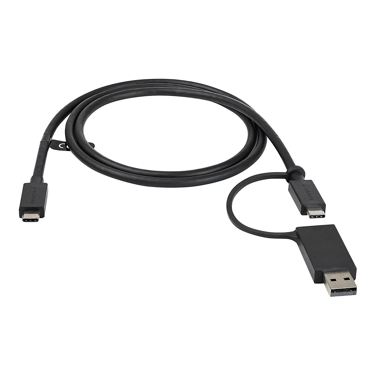 Schwarzes USB-C-Kabel mit USB-A-Adapter; Kabel in S-Form, Anschlüsse deutlich erkennbar.