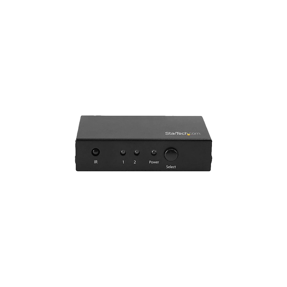 Schwarzer HDMI-Switch mit IR, Knöpfen für Eingänge 1 und 2, Power und Select sowie dem Logo "StarTech.com".