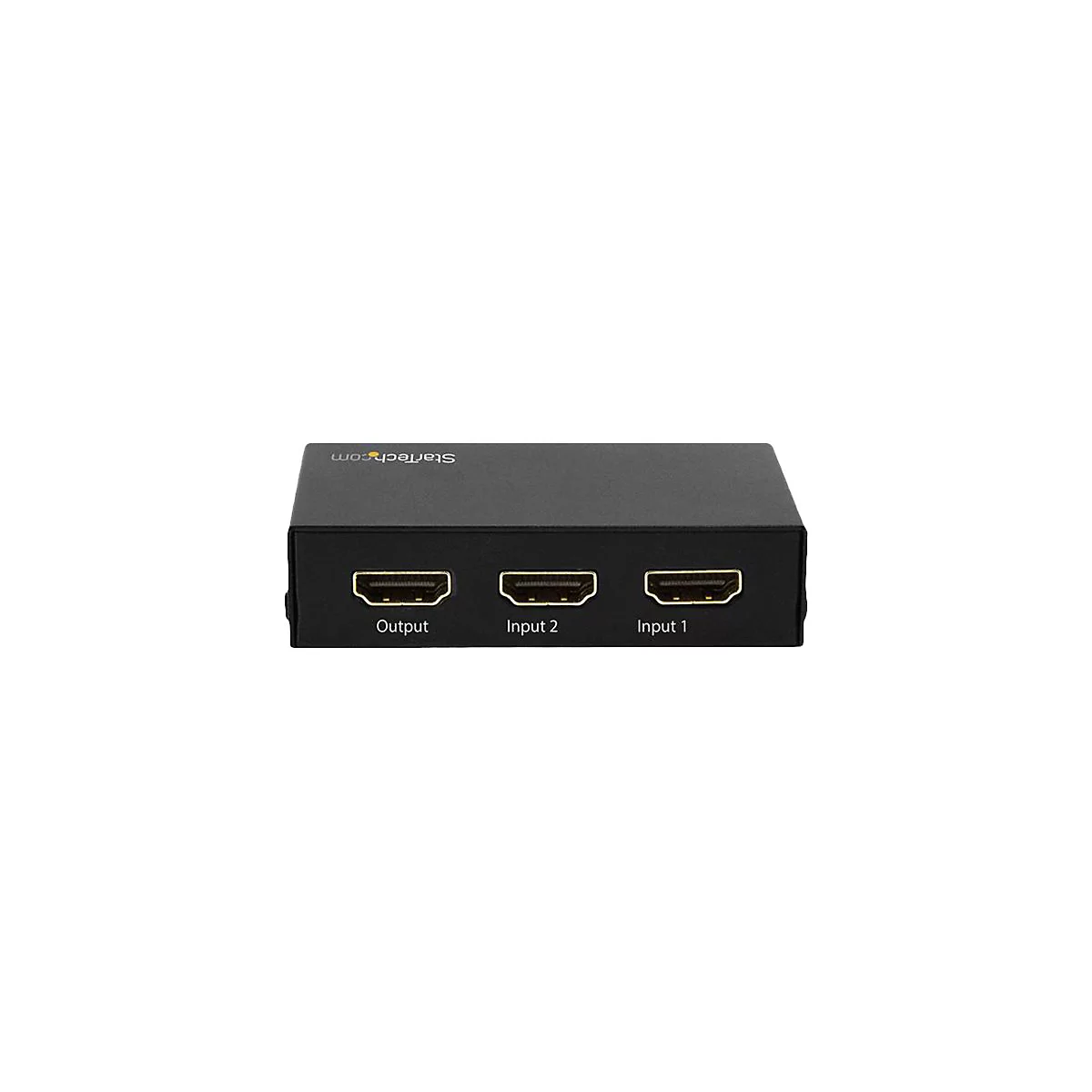 Schwarzer HDMI-Splitter mit drei Anschlüssen: Output, Input 2 und Input 1. Auf der Oberseite steht Startech.com.