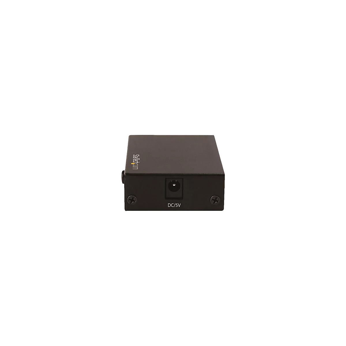Ein schwarzes, rechteckiges elektronisches Gerät. Auf der Vorderseite befindet sich ein DC/5V-Anschluss und ein Schraubenkopf. Der Schriftzug Startech.com ist zu sehen.