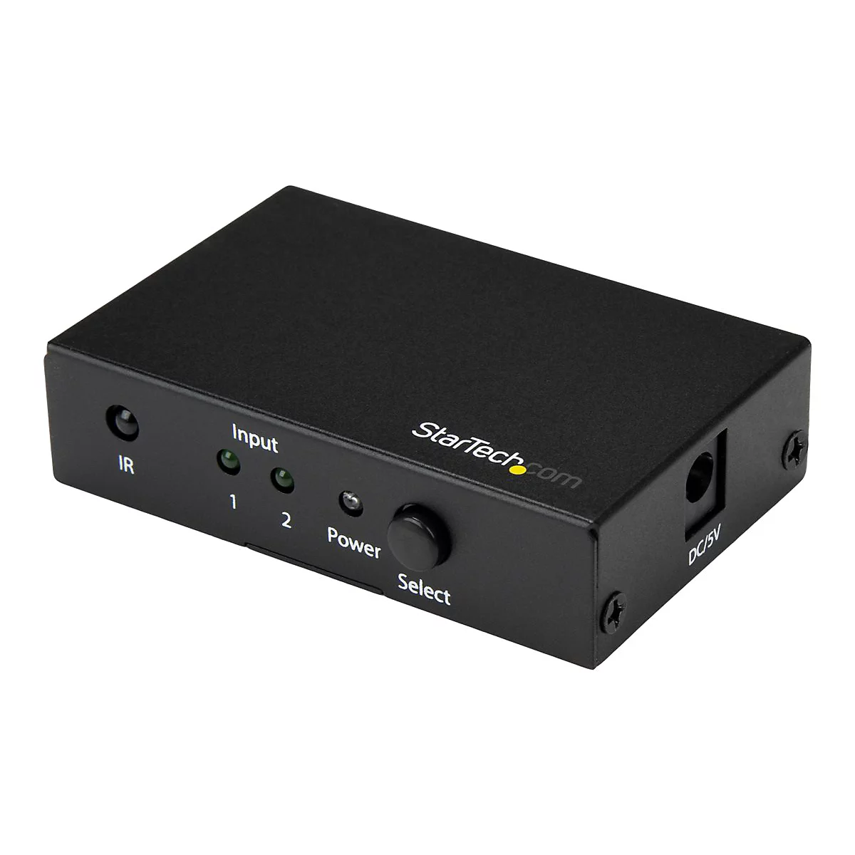 Schwarzer StarTech.com Umschalter, mit Anschlüssen und Knöpfen. Beschriftung: 'Input', 'Power', 'Select', 'DC/5V'.