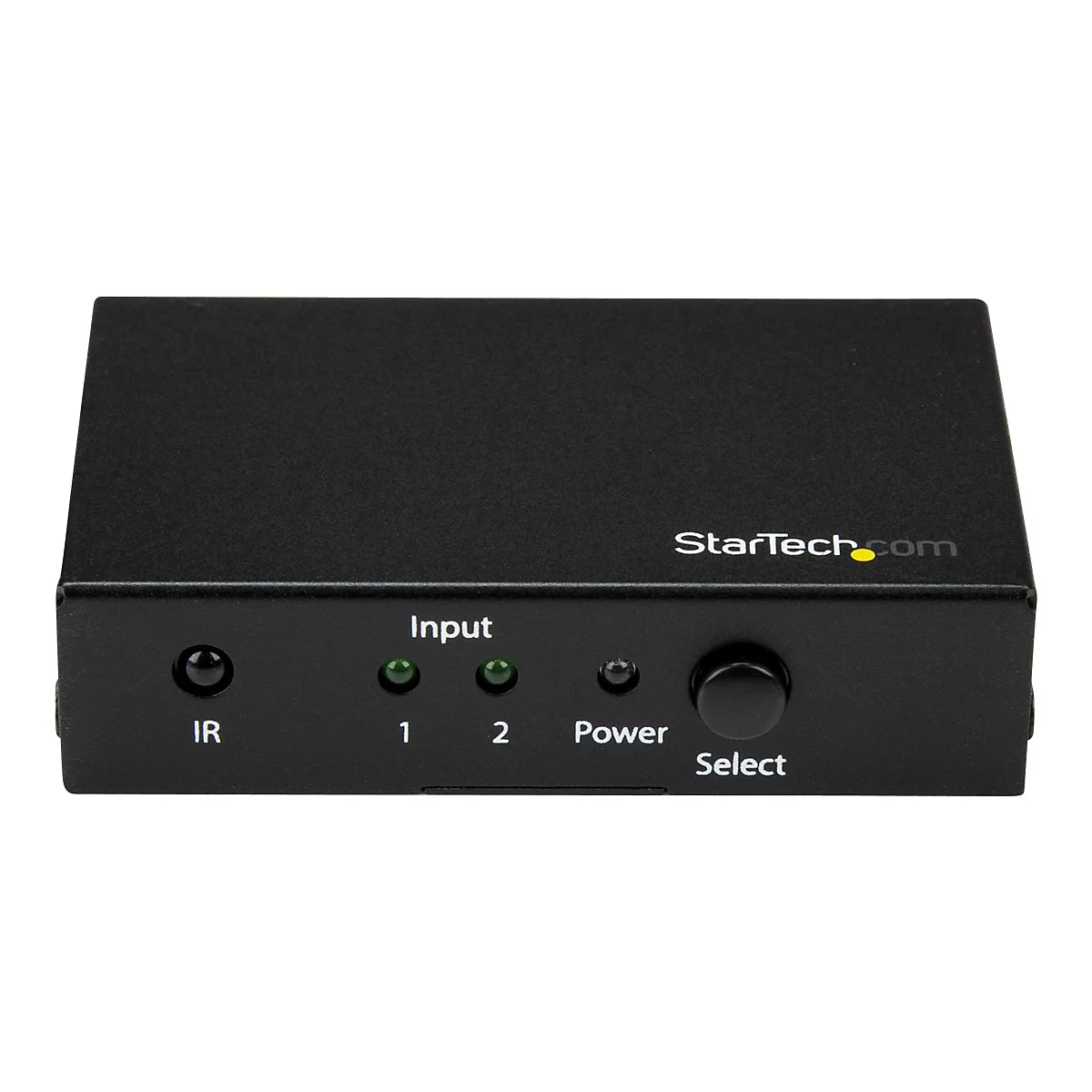 Schwarzer Videoumschalter mit Beschriftung: IR, Input, 1, 2, Power, Select. Logo: StarTech.com.