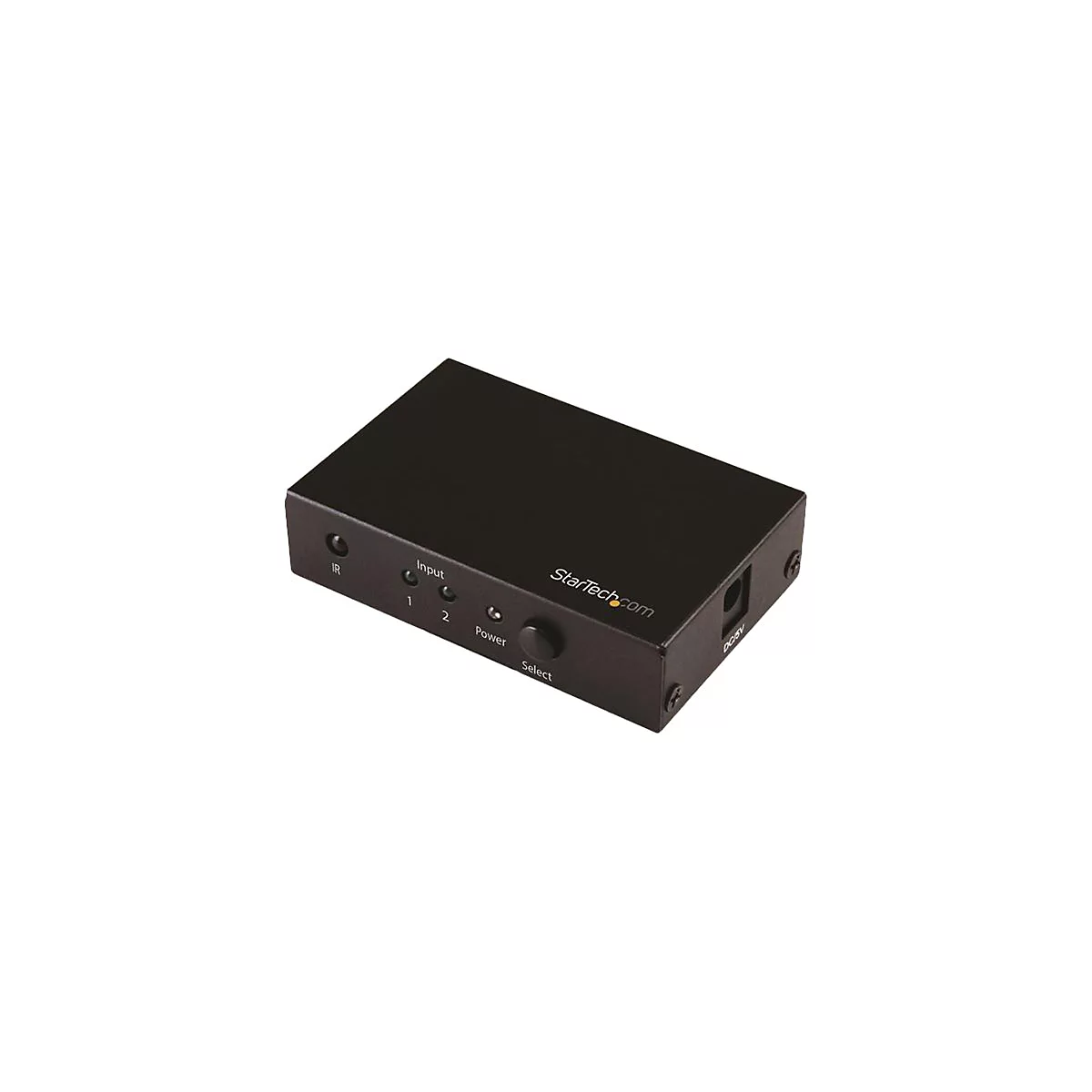 Schwarzer HDMI-Umschalter mit StarTech.com Logo. Anschlüsse für Input, Strom und DC5V.