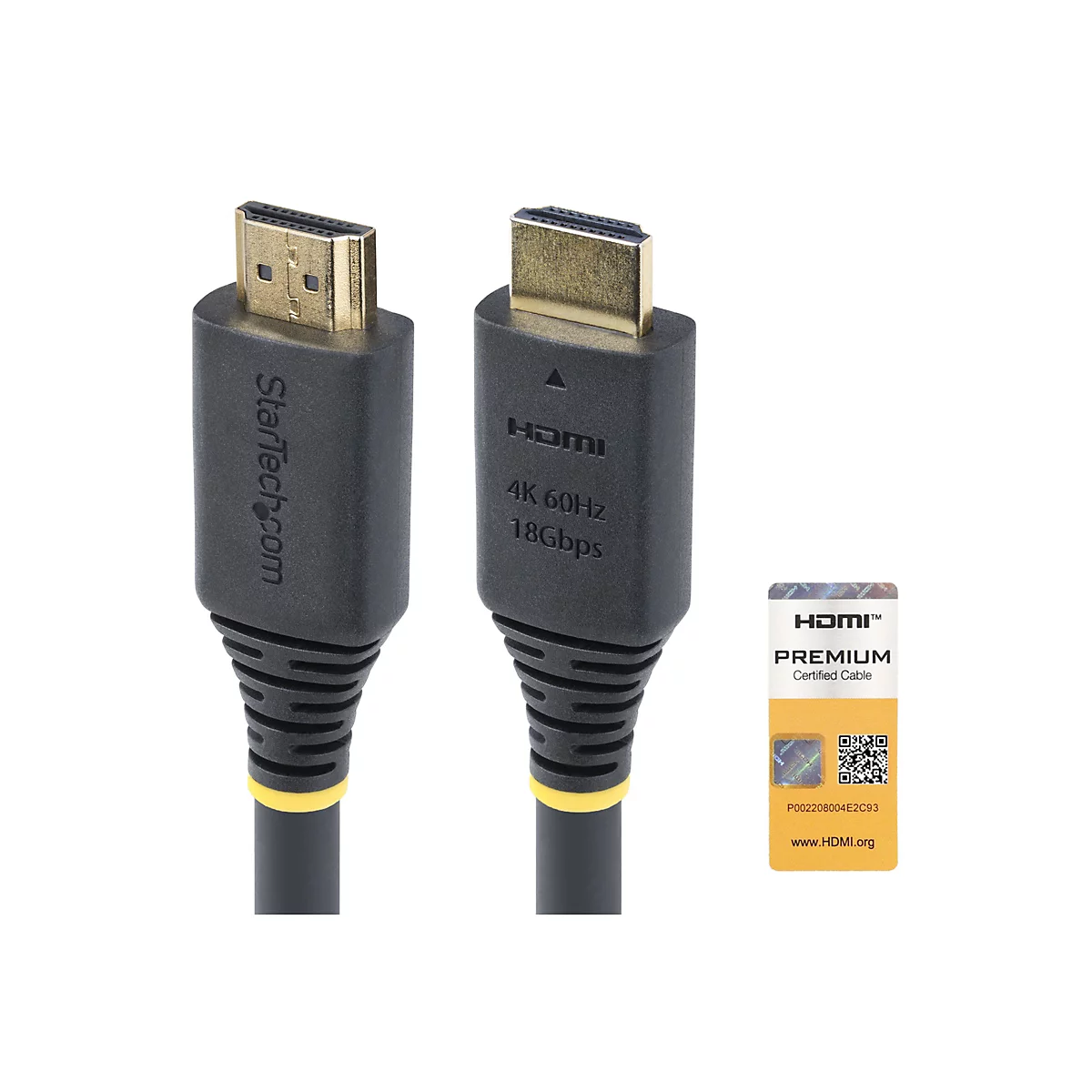 Zwei schwarze HDMI-Kabel mit goldenen Anschlüssen. Auf einem ist "Startech.com" und auf dem anderen "HDMI 4K 60Hz 18Gpbs" vermerkt. Daneben ein Aufkleber mit "HDMI PREMIUM".