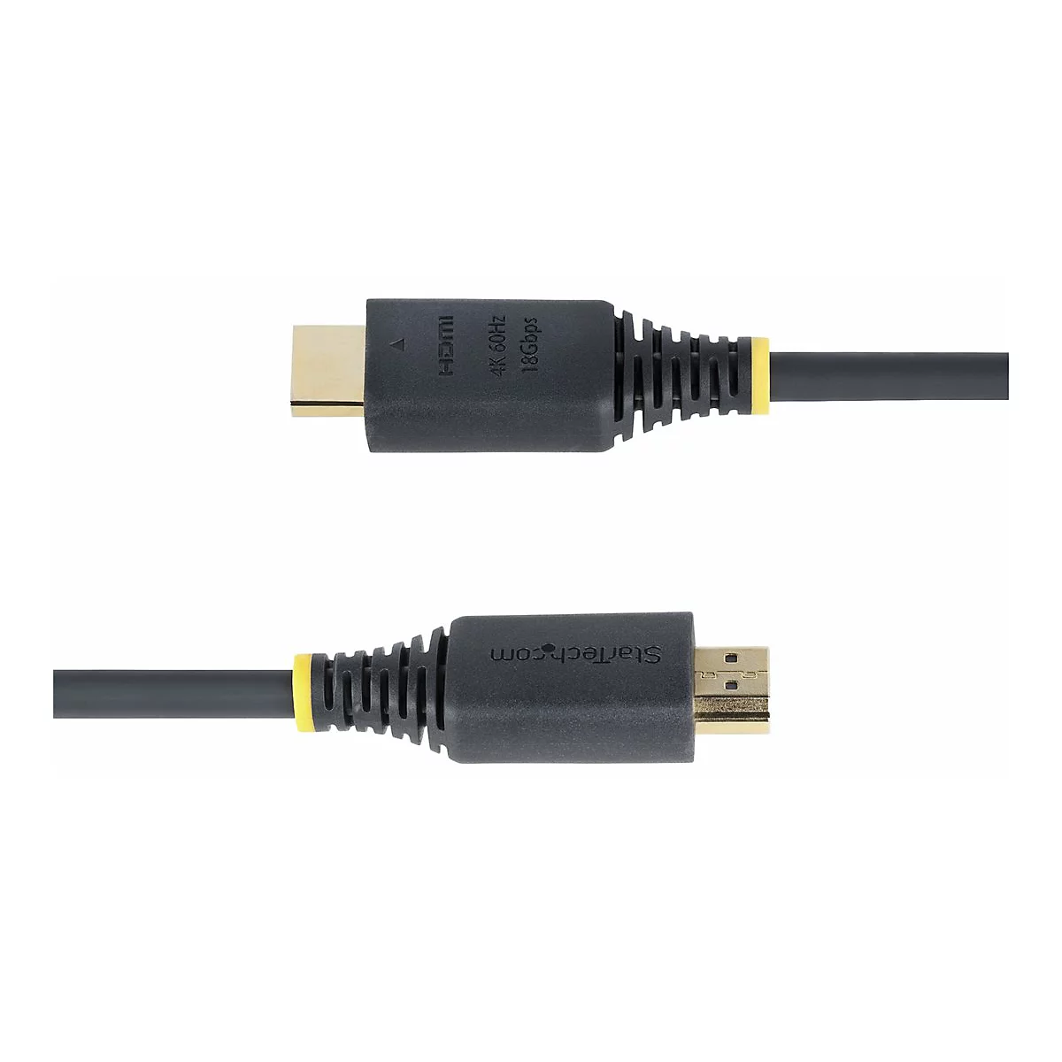 Zwei schwarze HDMI-Kabel mit gelben Akzenten, die von einer weißen Oberfläche abheben. Auf einem Kabel steht "HDMI 4K 60Hz 18Gbps".