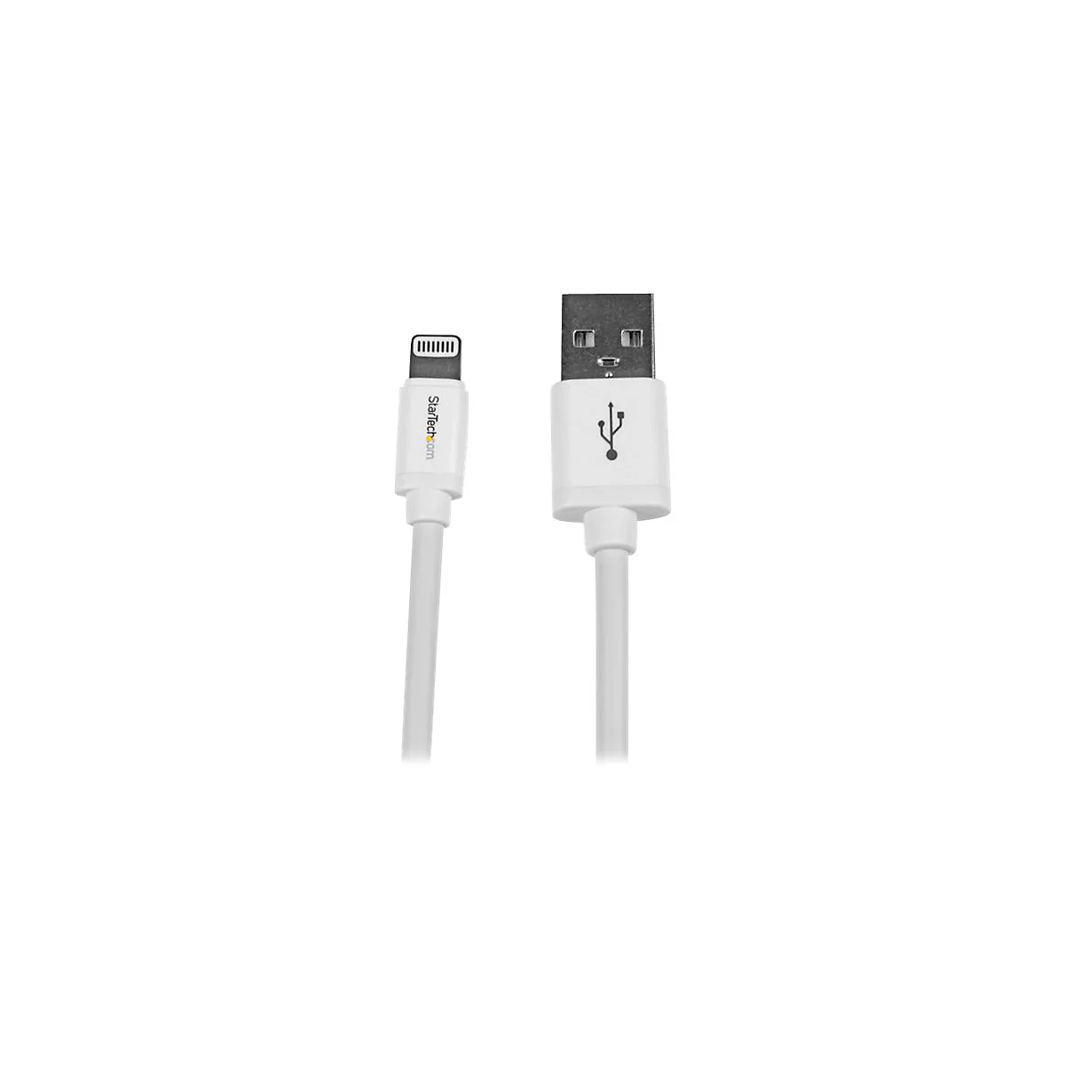 Weißes USB-Ladekabel mit Lightning-Anschluss und Startech.com-Logo. Der USB-Anschluss hat das USB-Symbol.