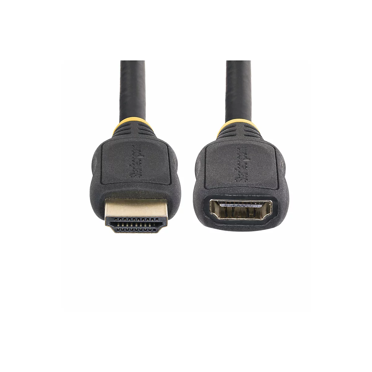 HDMI-Kabel mit schwarzen Steckern und gelben Akzenten auf weißem Hintergrund.
