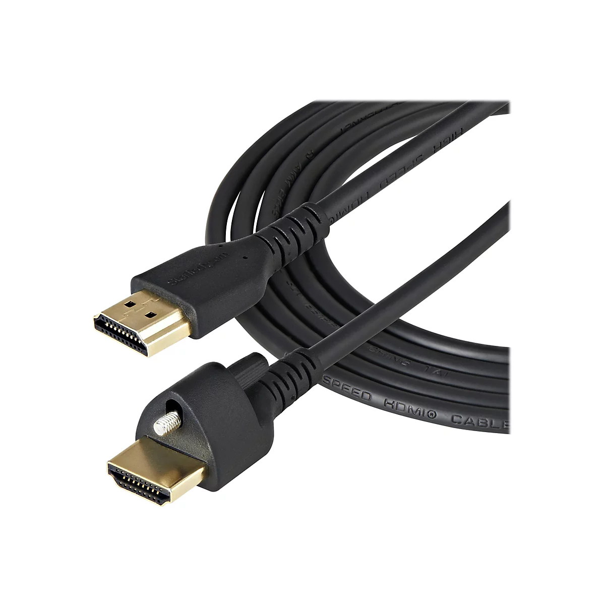 Ein schwarzes HDMI-Kabel mit vergoldeten Anschlüssen. Der Kabelkörper trägt die Aufschrift "HIGH SPEED HDMI CABLE".
