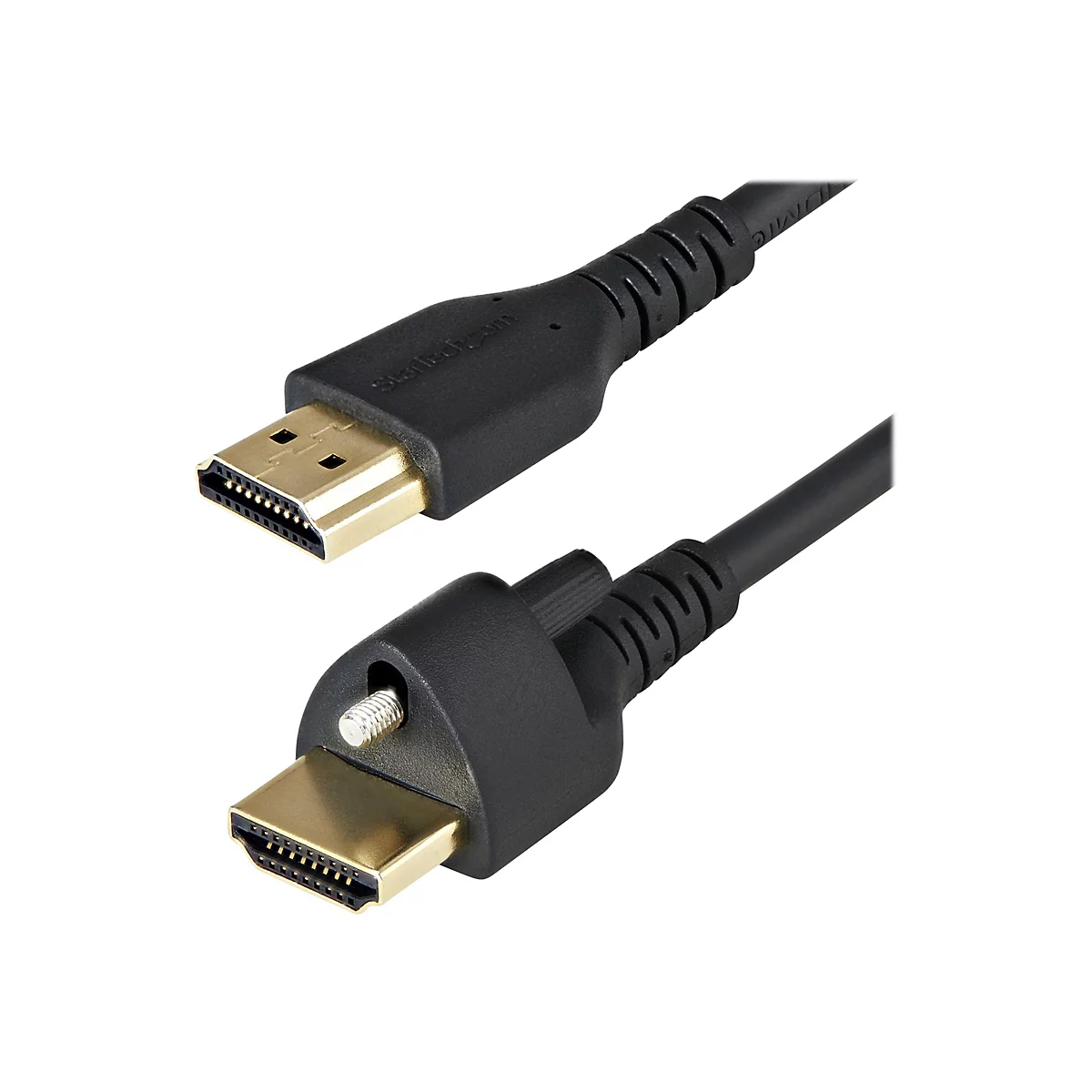 Zwei schwarze HDMI-Kabel mit vergoldeten Anschlüssen, vor weißem Hintergrund. Eines zeigt das Startech.com Logo.