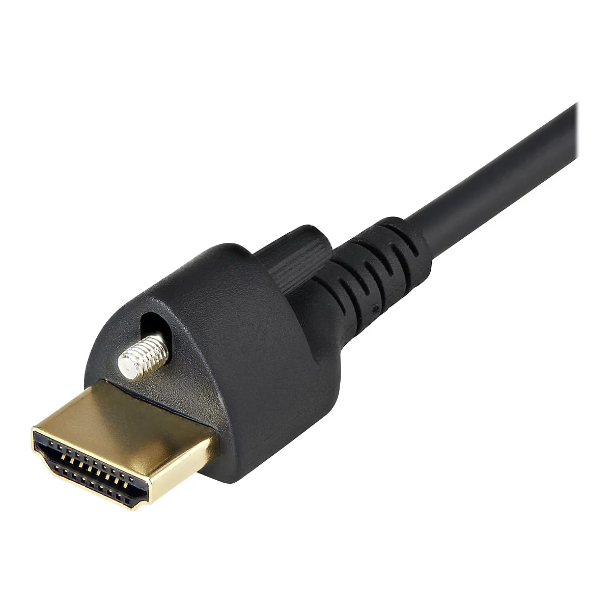 Nahaufnahme eines schwarzen HDMI-Kabels. Der Stecker ist gewinkelt und hat einen vergoldeten Anschluss.