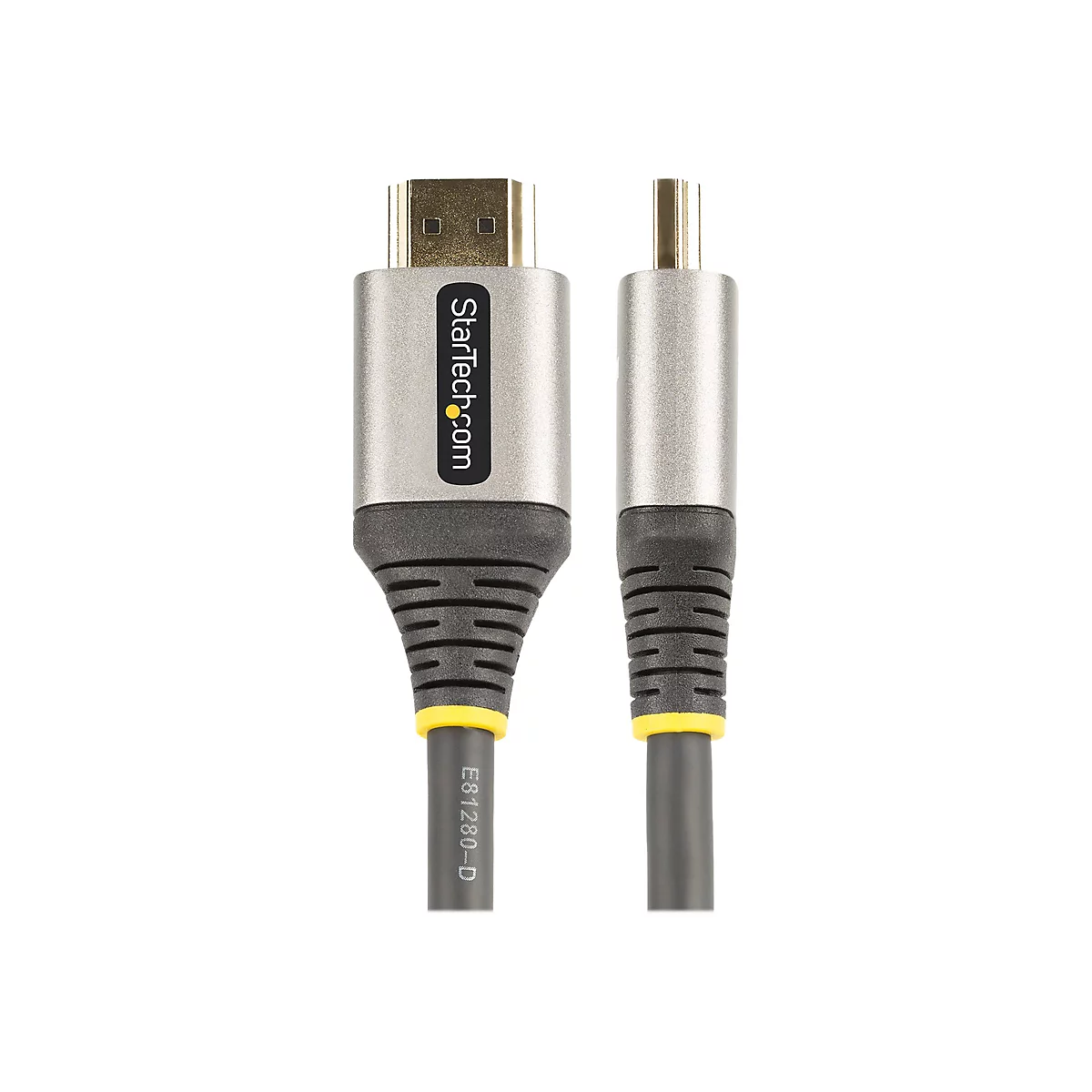 Ein graues HDMI-Kabel mit goldenen Steckern. Auf einem Stecker steht "Startech.com".