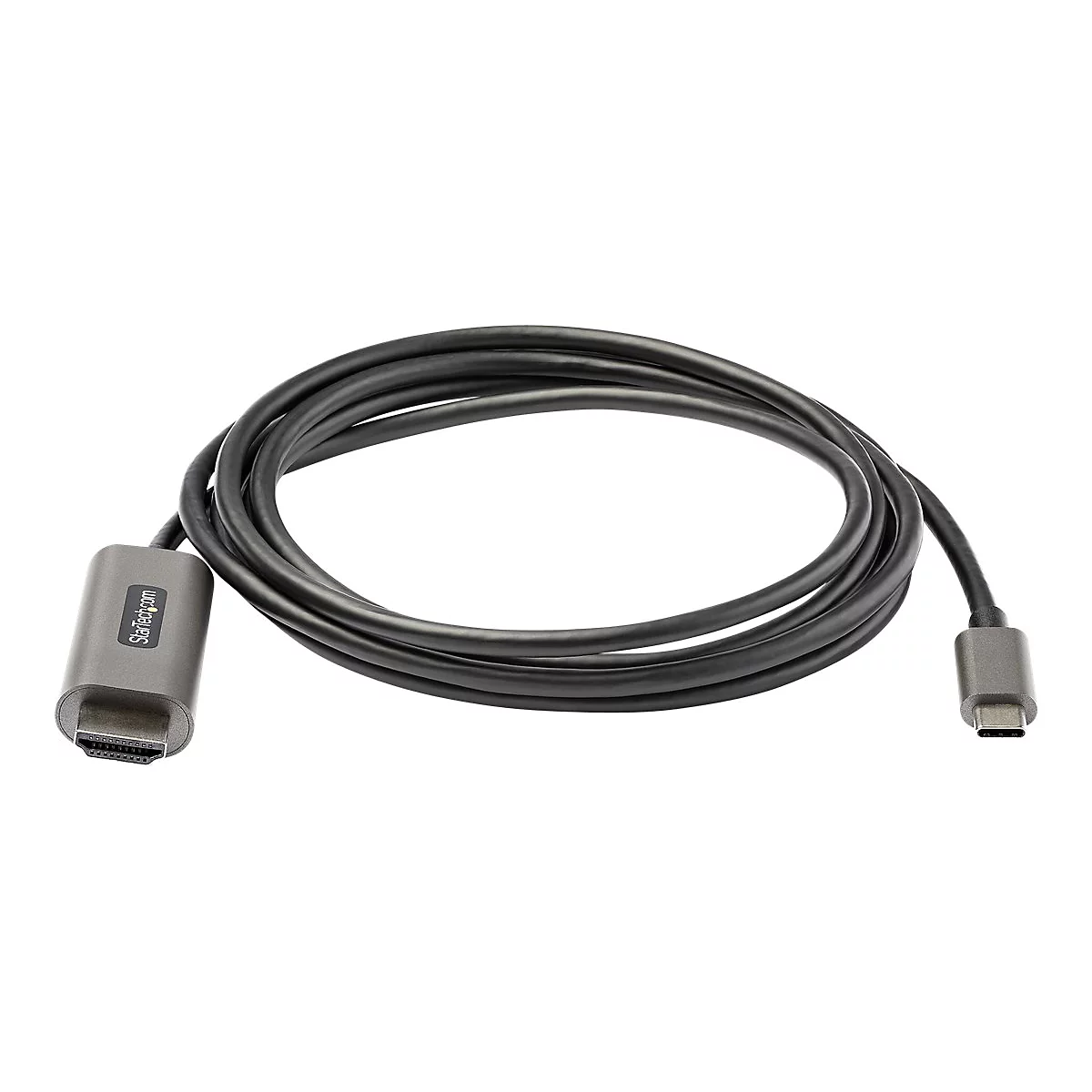 Ein schwarzes HDMI-Kabel mit USB-C-Anschluss, liegt auf weißem Hintergrund.