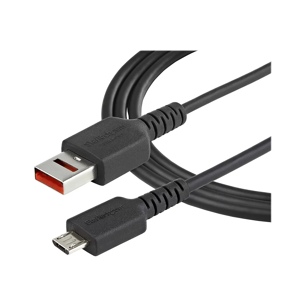 Ein schwarzes USB-Kabel mit USB-A und Micro-USB-Anschlüssen. Auf den Steckern steht "StarTech.com".