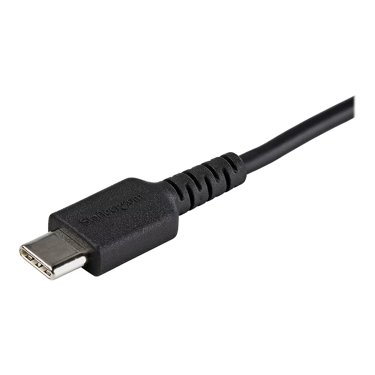 Nahaufnahme eines schwarzen USB-C-Kabels mit „Startech.com“-Schriftzug. Das Kabel liegt auf weißem Grund.
