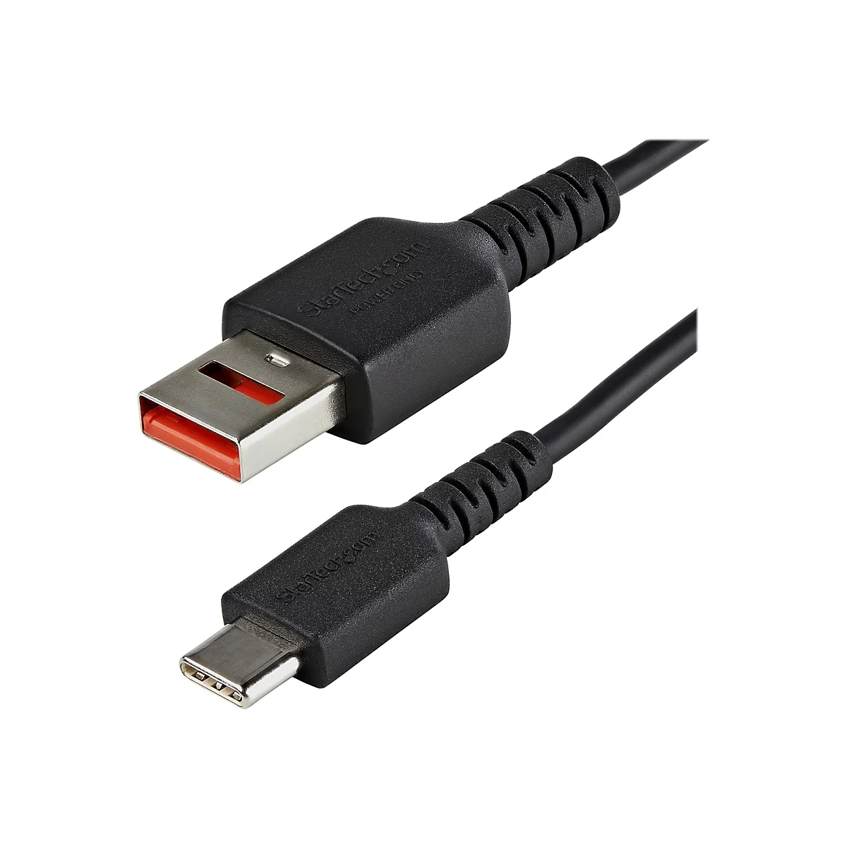 Schwarzes Ladekabel mit USB-C und USB-A Anschlüssen, Markenname StarTech.com ist auf den Steckern sichtbar.