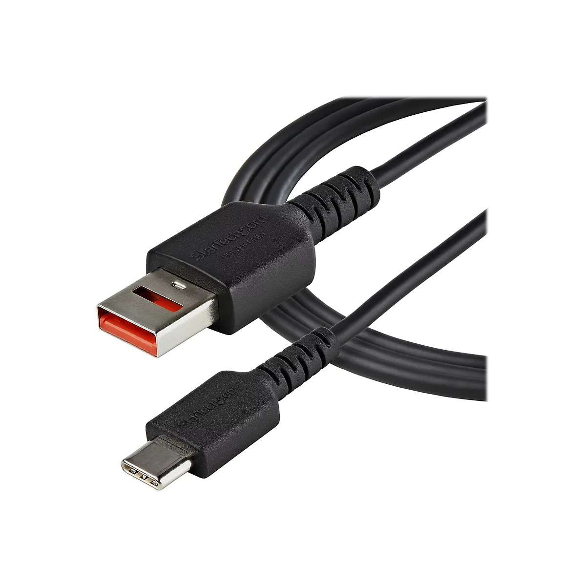 Ein schwarzes USB-C-Kabel mit einem USB-A-Anschluss und einem USB-C-Anschluss. Beide Anschlüsse haben den Markennamen StarTech.com.