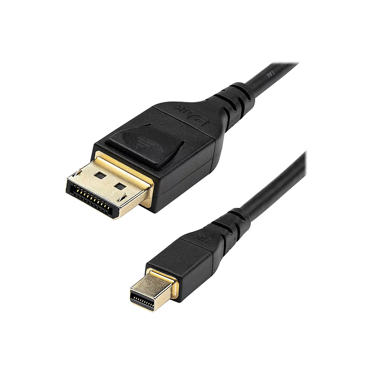 Ein schwarzes DisplayPort-Kabel mit vergoldeten Anschlüssen. Der Stecker ist rechteckig und das Kabel hat eine schlanke Form.