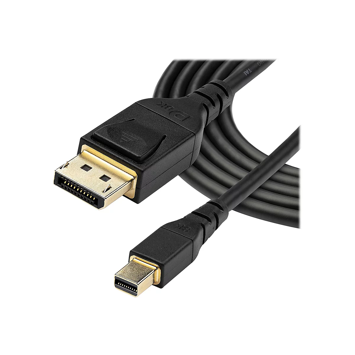 Schwarzes DisplayPort-Kabel mit vergoldeten Anschlüssen. Der Stecker ist mit DP8K beschriftet.