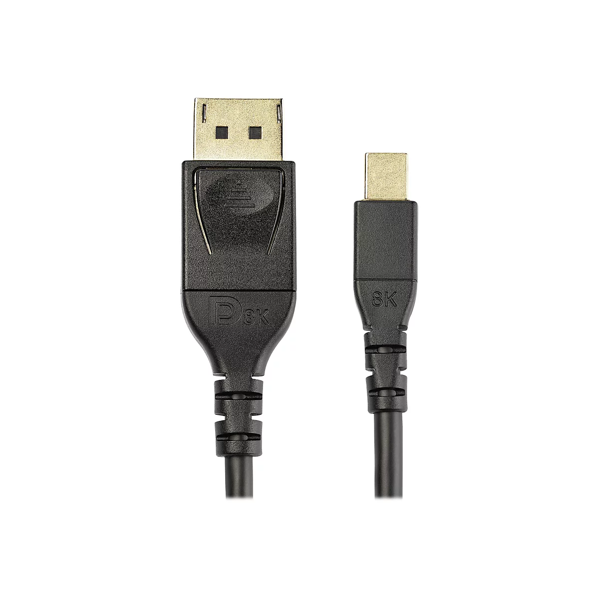 Ein schwarzes Kabel mit DisplayPort- und USB-C-Anschlüssen. Auf den Anschlüssen steht 8K.
