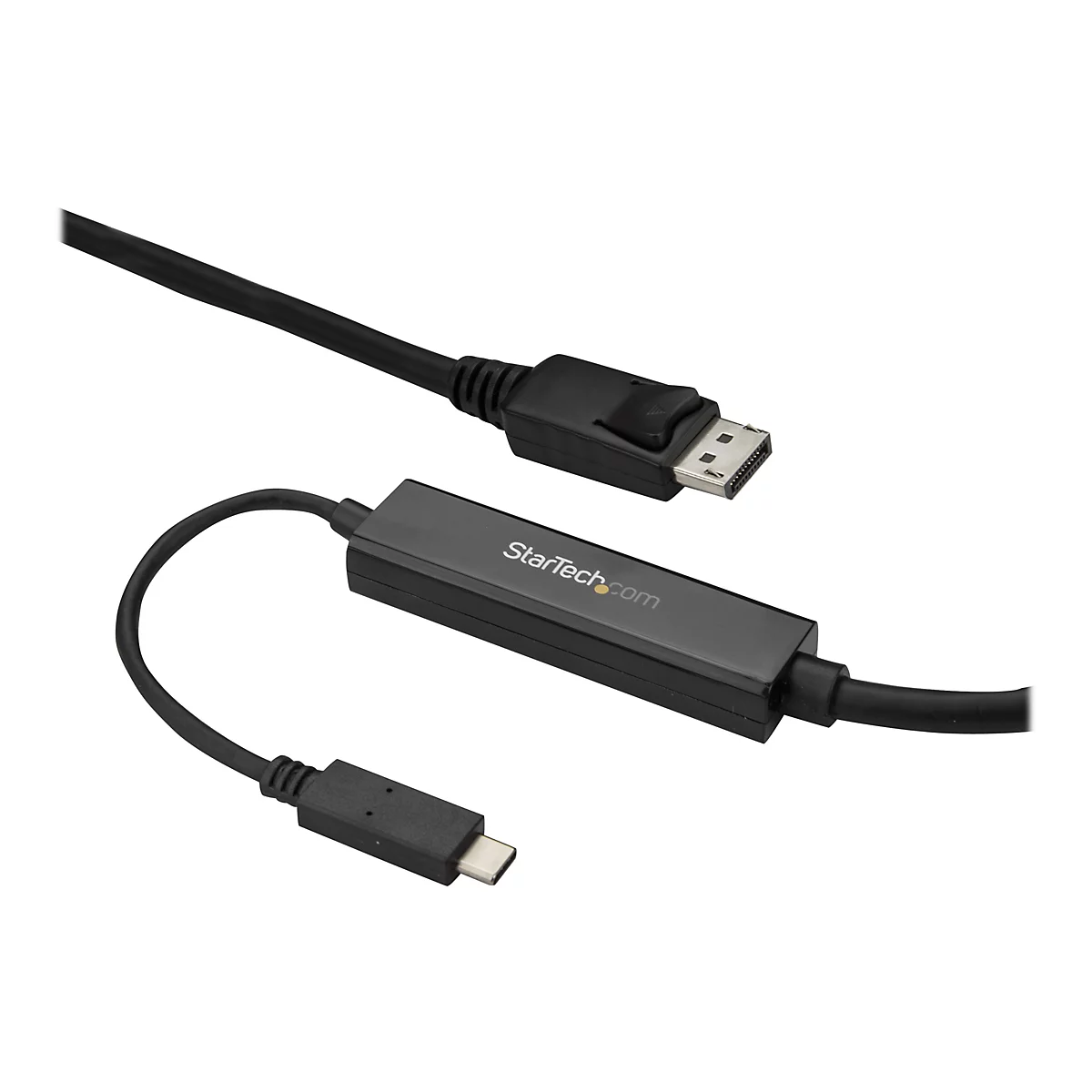 Schwarzes Kabel mit DisplayPort- und USB-C-Anschluss. Auf dem schwarzen Gehäuse steht StarTech.com.