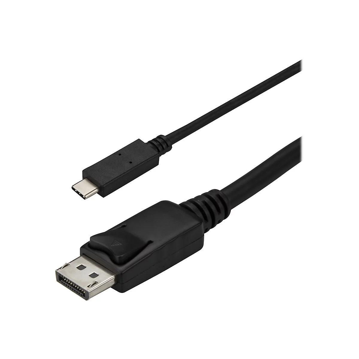 Schwarzes DisplayPort-Kabel mit USB-C-Stecker. Der Stecker ist silberfarben und der USB-C Stecker ist schwarz.
