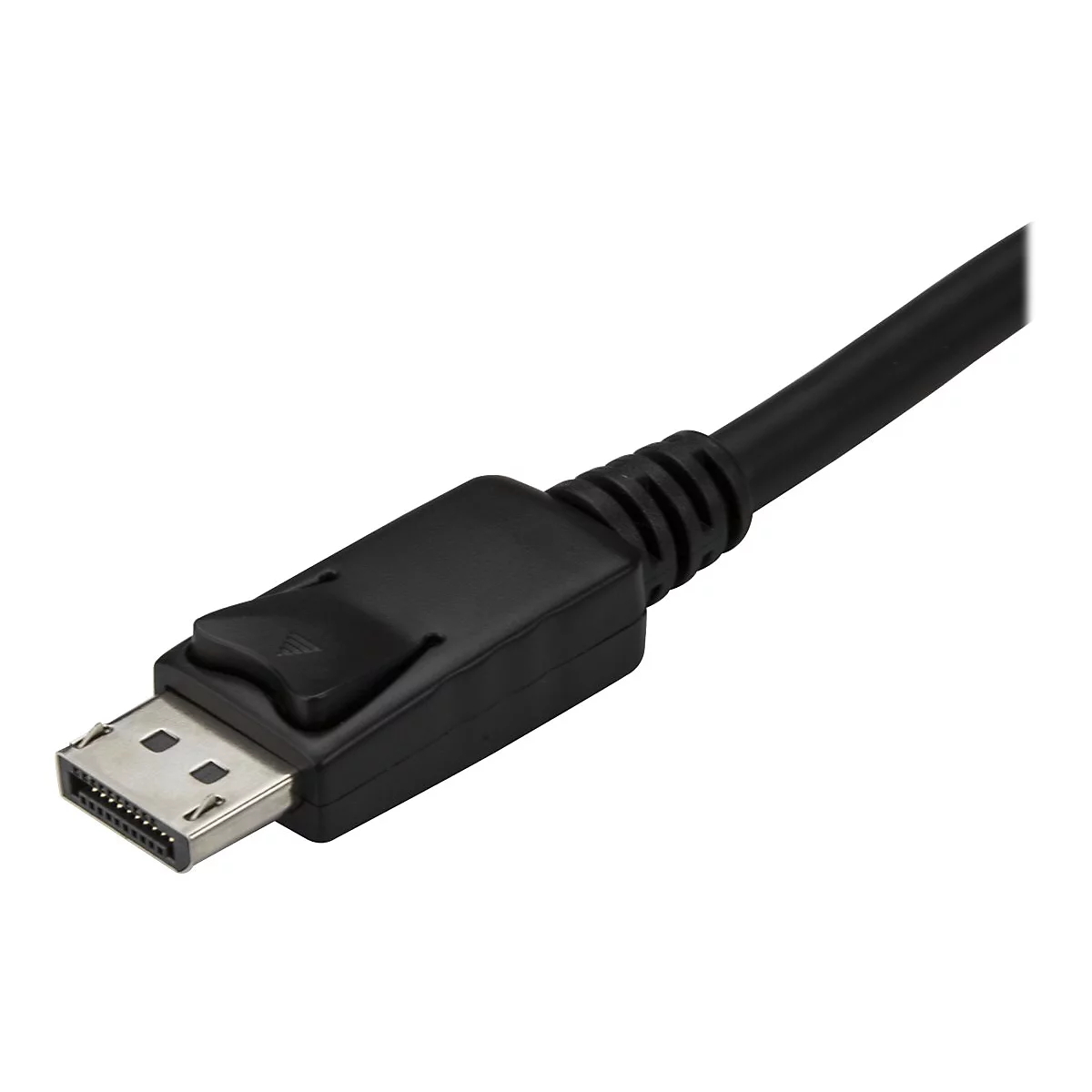 Nahaufnahme eines schwarzen DisplayPort-Kabels, Stecker im Fokus, graue Pins.