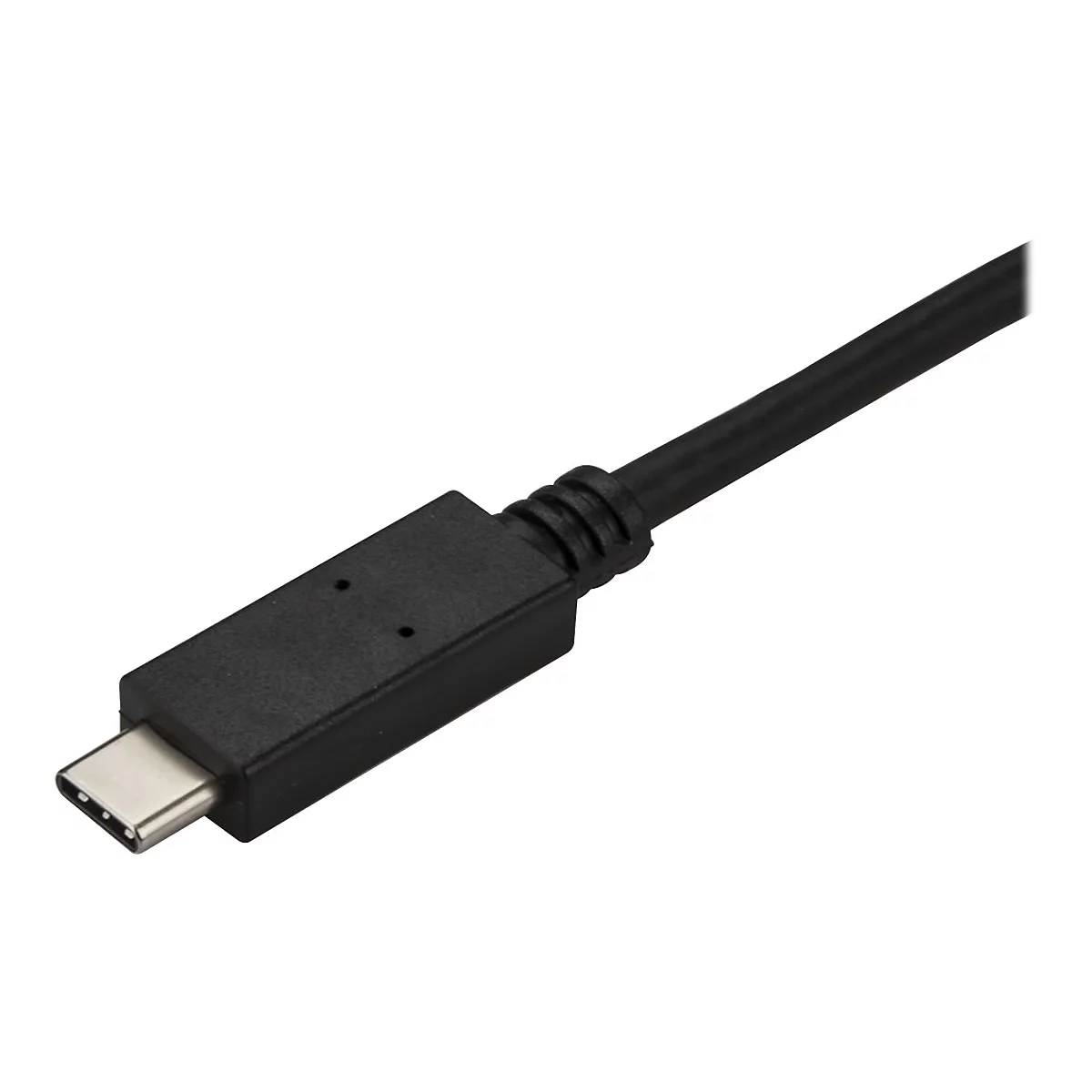 Ein schwarzes USB-C-Kabel vor weißem Hintergrund. Der Stecker ist silberfarben, das Kabel selbst ist glatt und rund.