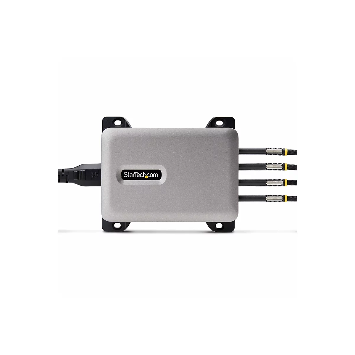 Ein silberfarbenes Gerät mit schwarzem Stecker und Kabeln, mit "StarTech.com" Aufschrift.