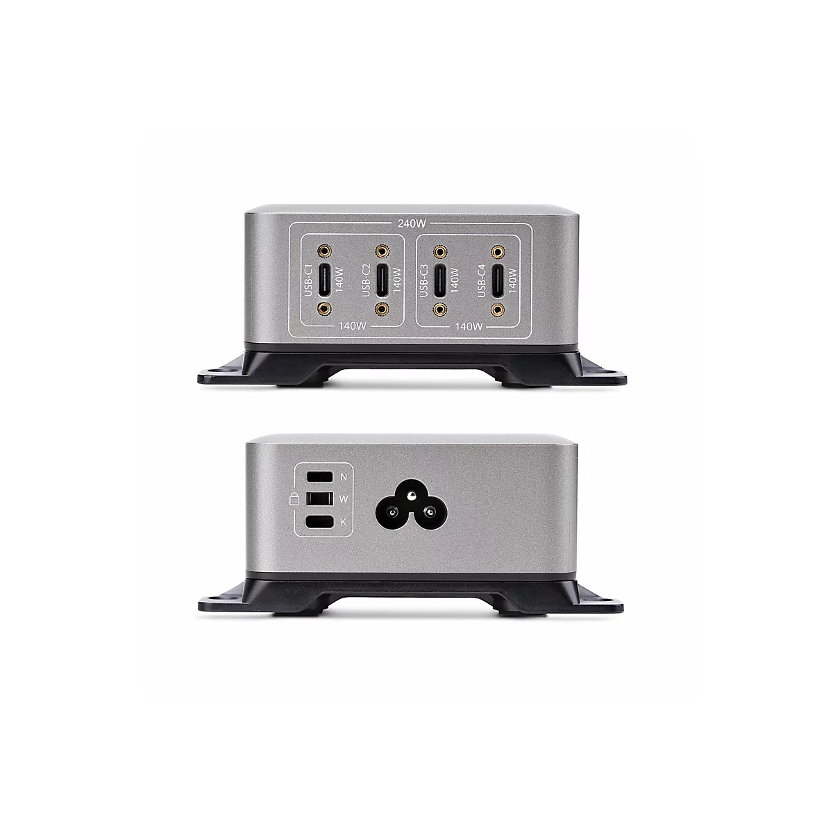 Grauer, rechteckiger Stromadapter mit USB- und Stromanschlüssen. Oben: 4 USB-C-Anschlüsse; unten: Stromanschluss und andere.