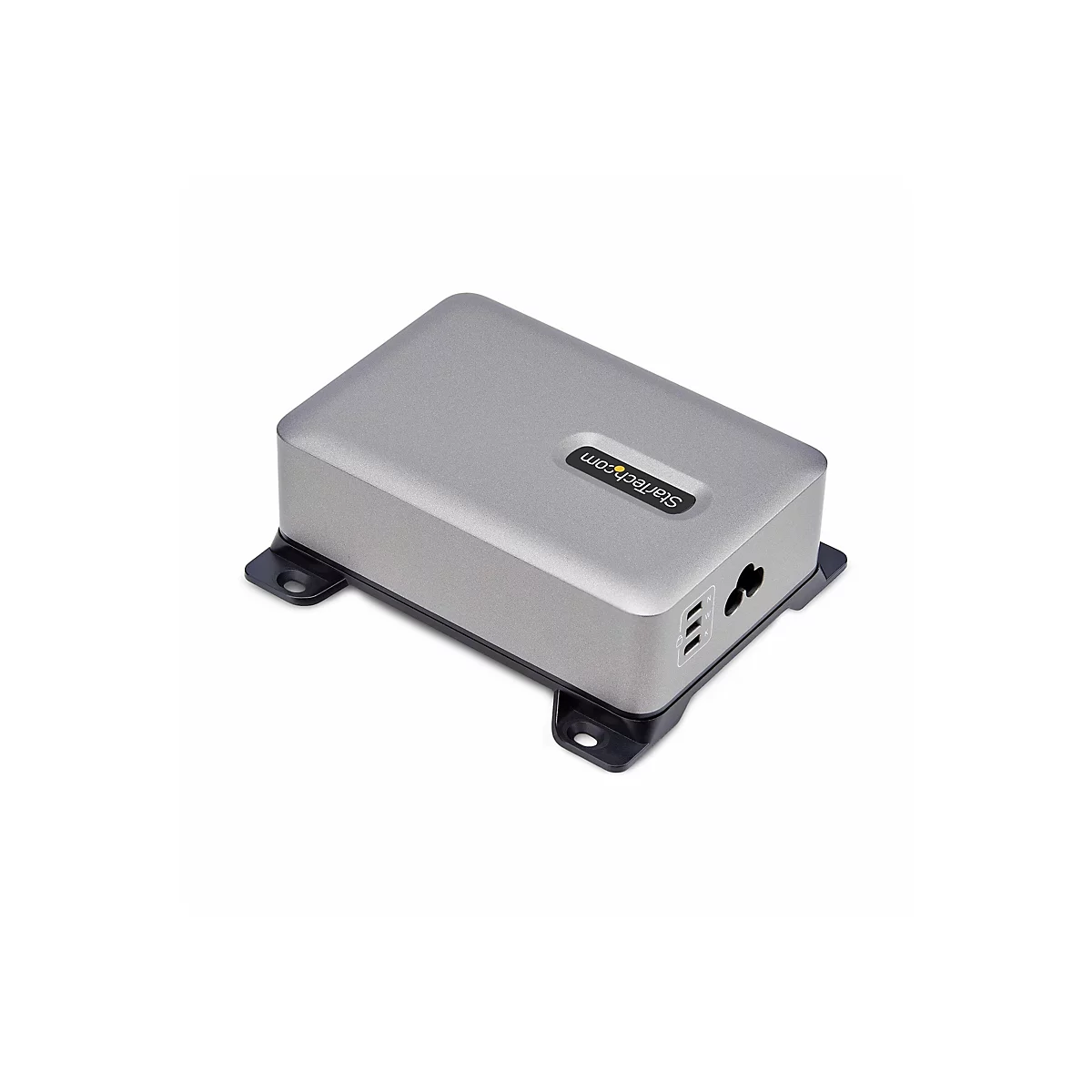 Graue StarTech.com Dockingstation mit schwarzem Sockel und Montagevorrichtung auf weißem Hintergrund.