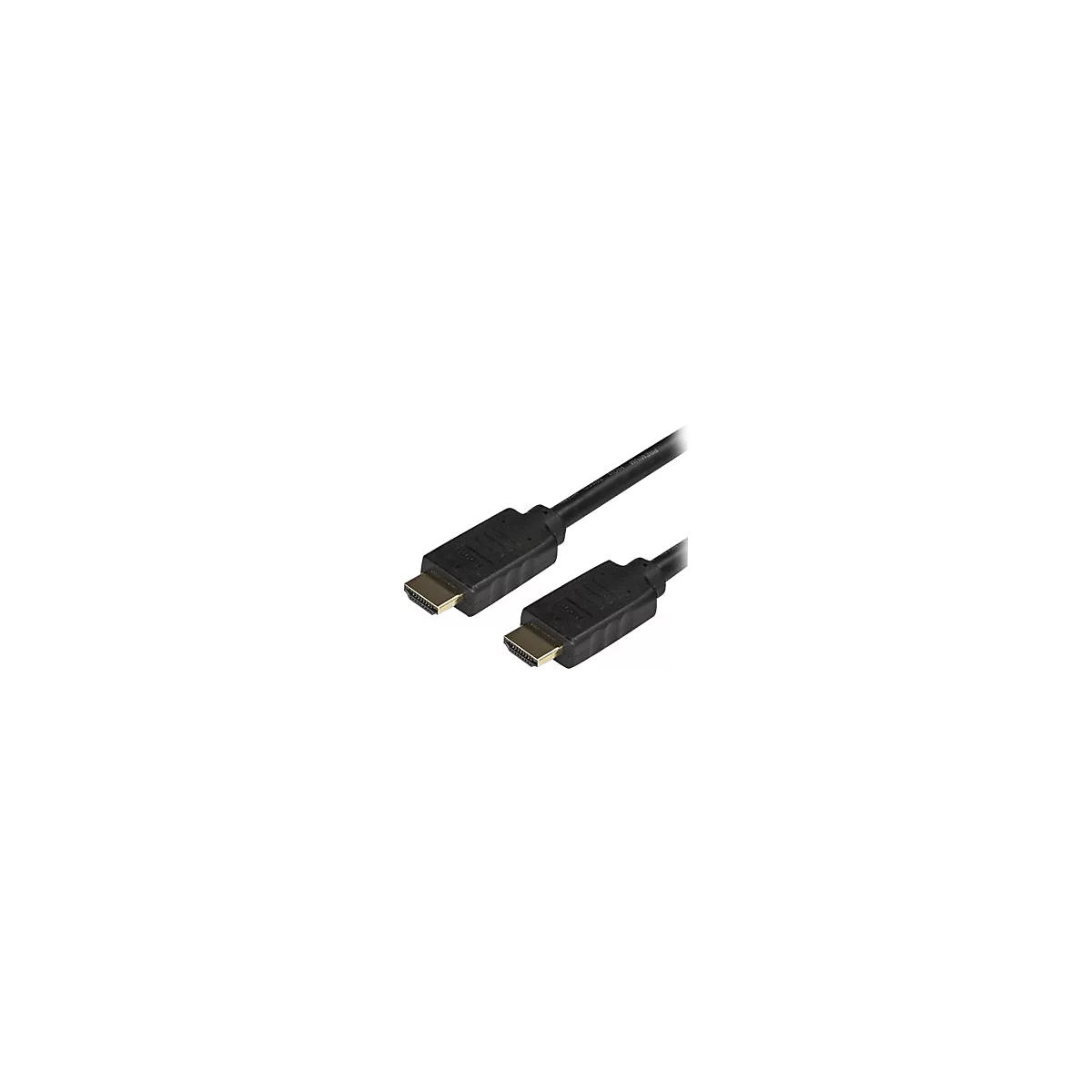 Ein schwarzes HDMI-Kabel mit vergoldeten Anschlüssen. Der Hintergrund ist weiß.