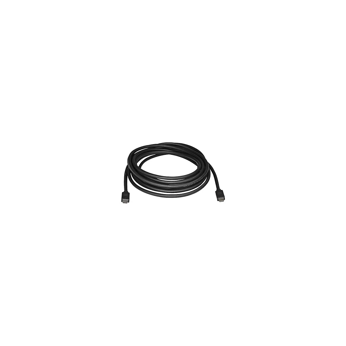 Schwarzes HDMI-Kabel, gerollt auf weißem Hintergrund.