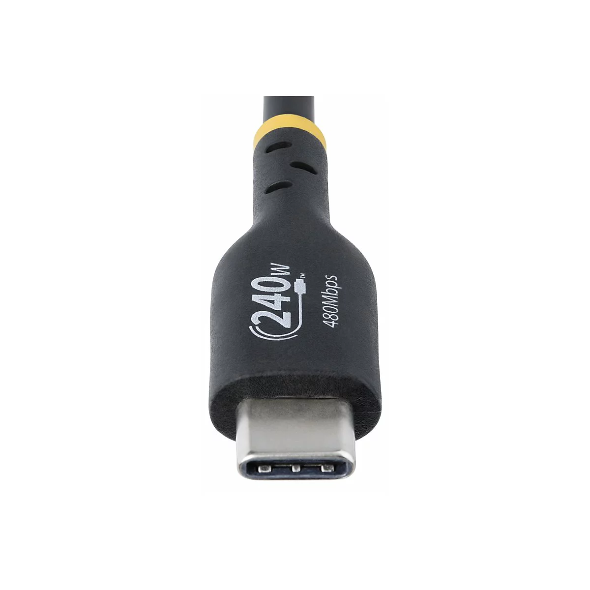 Nahaufnahme eines schwarzen USB-C-Kabels mit gelben Akzenten, das 240 W und 480 MBit/s unterstützt.