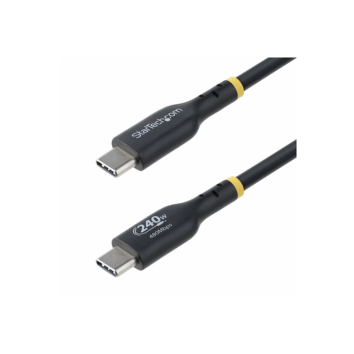 Zwei schwarze USB-C-Kabel, mit Beschriftung von StarTech.com und Spezifikationen wie 240W und 480Mbps auf dem Gehäuse. Gelbe Ringe kennzeichnen die Kabel.