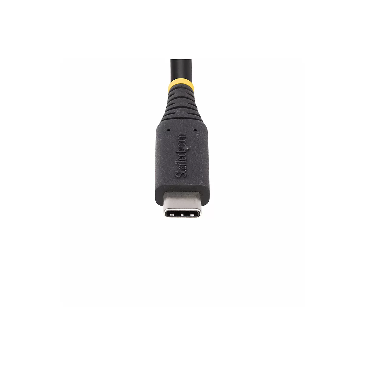 Nahaufnahme eines schwarzen USB-C-Kabels mit „Startech.com“ Schriftzug.
