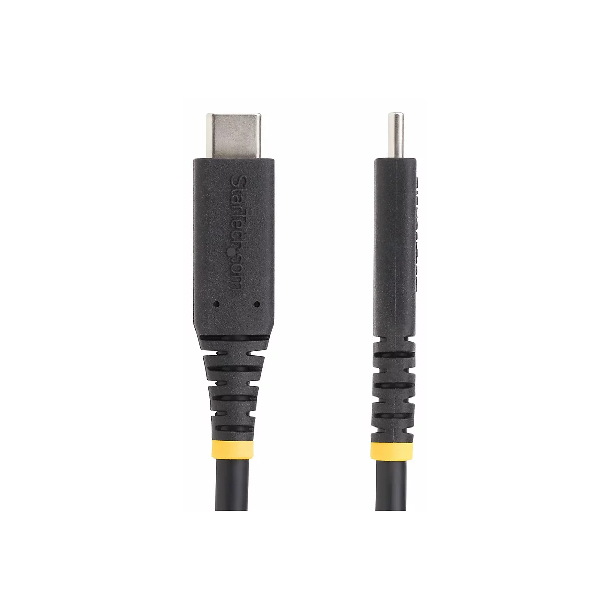 Ein schwarzes USB-C-Kabel mit gelben Akzenten, links das USB-C-Ende, rechts ein runder Stecker.