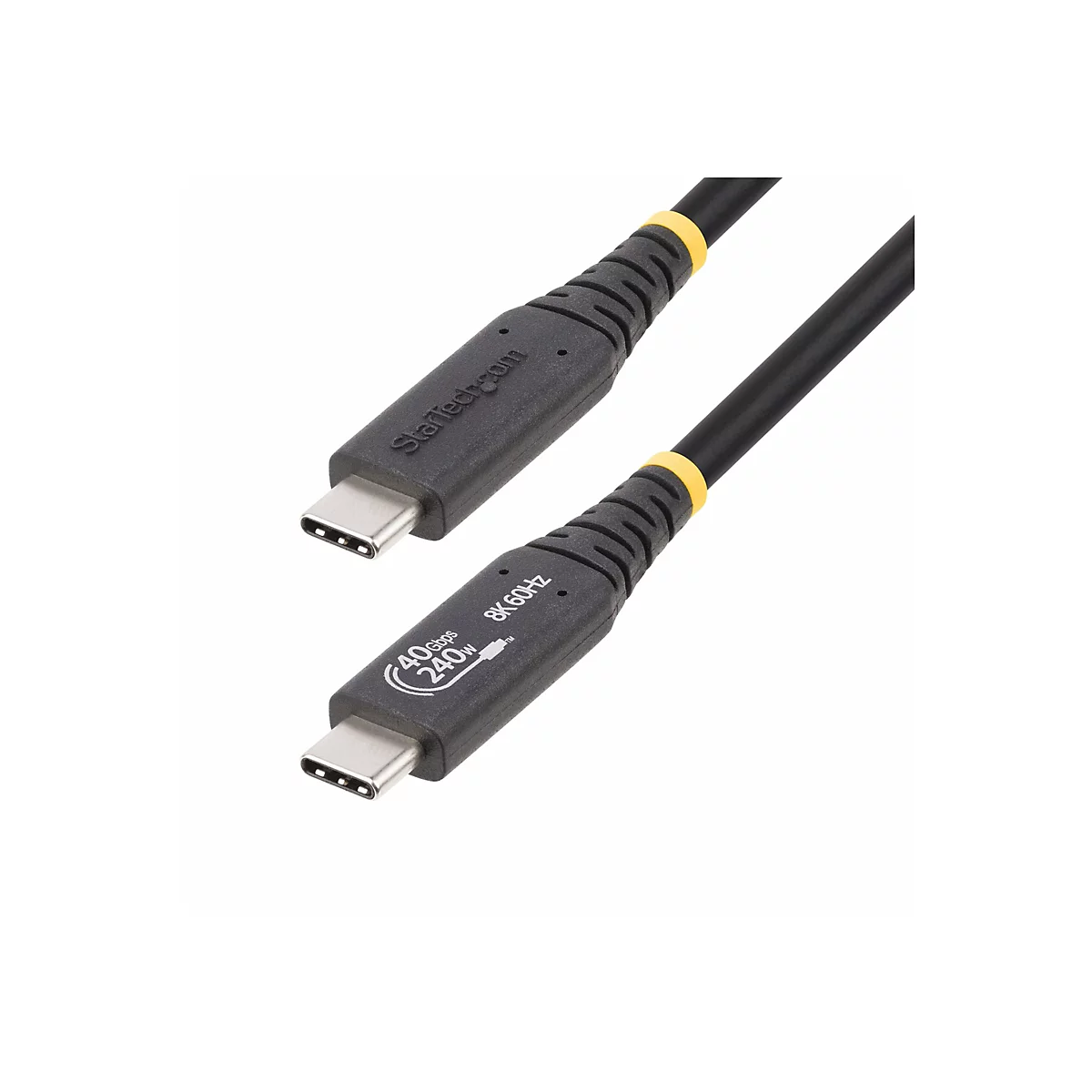 Schwarzes USB-C-Kabel, StarTech.com Logo, gelbe Ringe, Beschriftung: 40 Gbps, 240 W, 8K 60Hz.