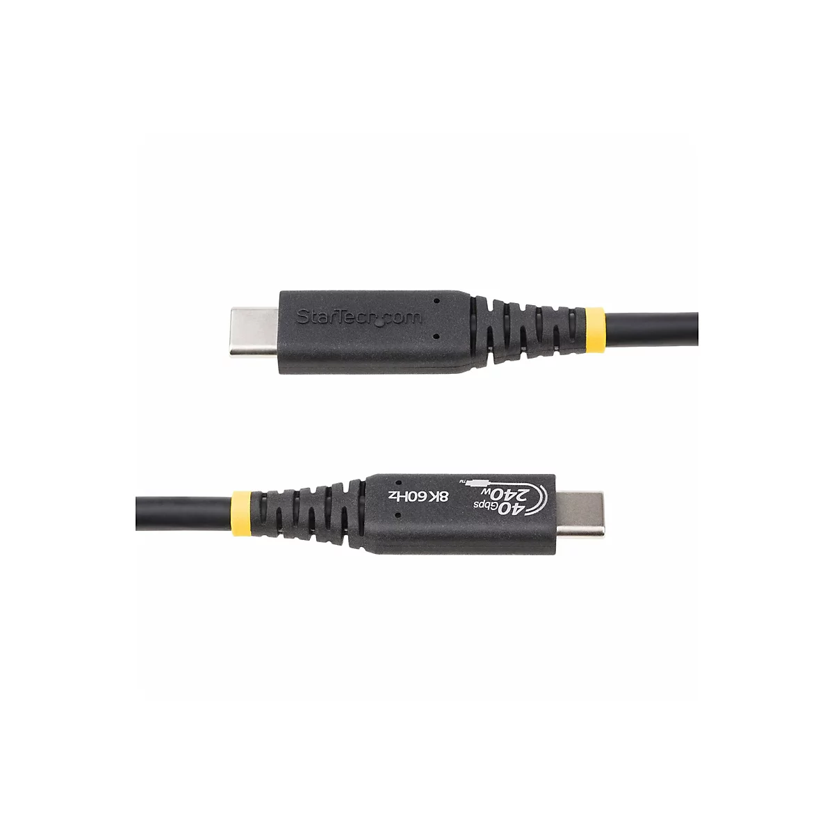 Zwei USB-C-Kabel, schwarz, mit gelben Akzenten und technischen Daten, vor weißem Hintergrund. Auf einem Kabel StarTech.com-Logo, auf dem anderen: 40Gbps, 240W und 8K 60Hz.