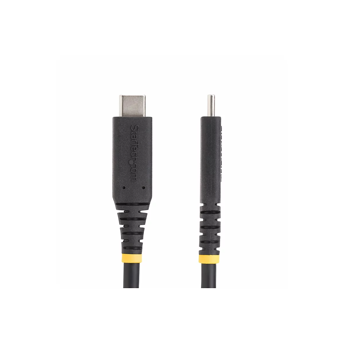 Schwarz-gelbes USB-C-Kabel. Auf dem Stecker steht Startech.com.