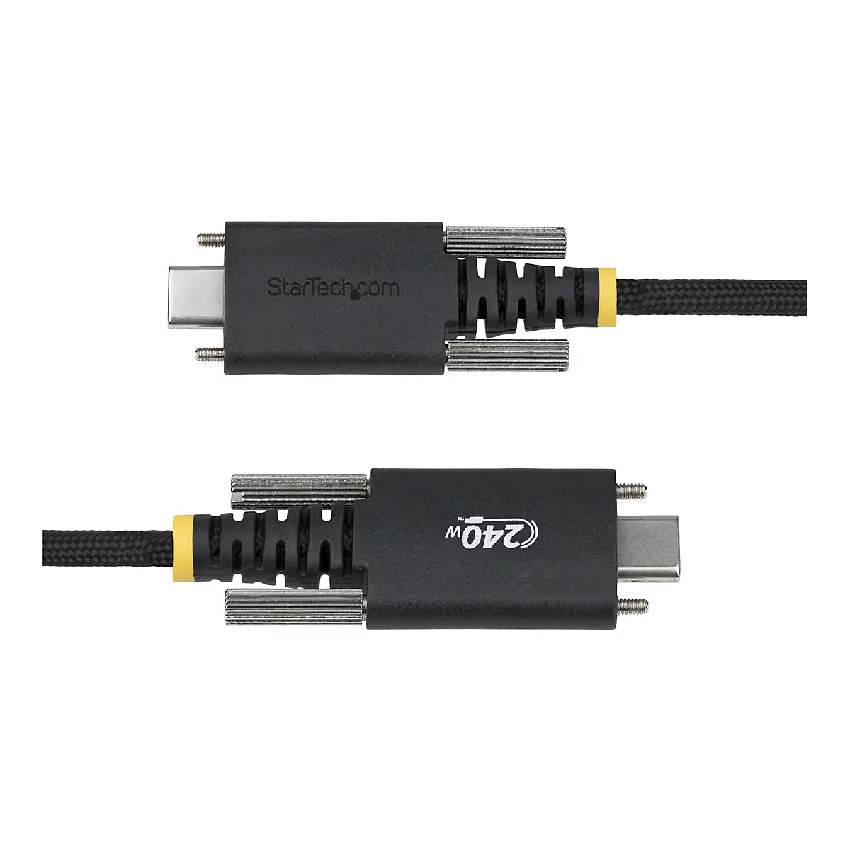Zwei USB-C-Stecker mit Verschraubung und 240W-Beschriftung vor weißem Hintergrund.