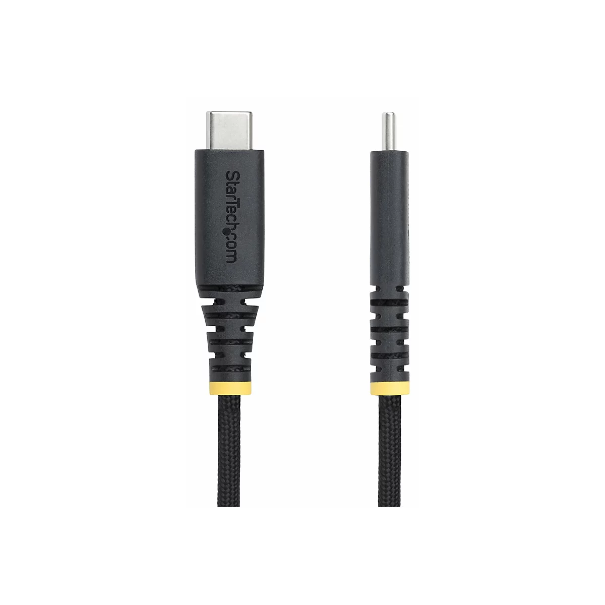 Schwarzes USB-C-Kabel mit gelben Akzenten, Marke Startech.com, links Stecker, rechts Stift.