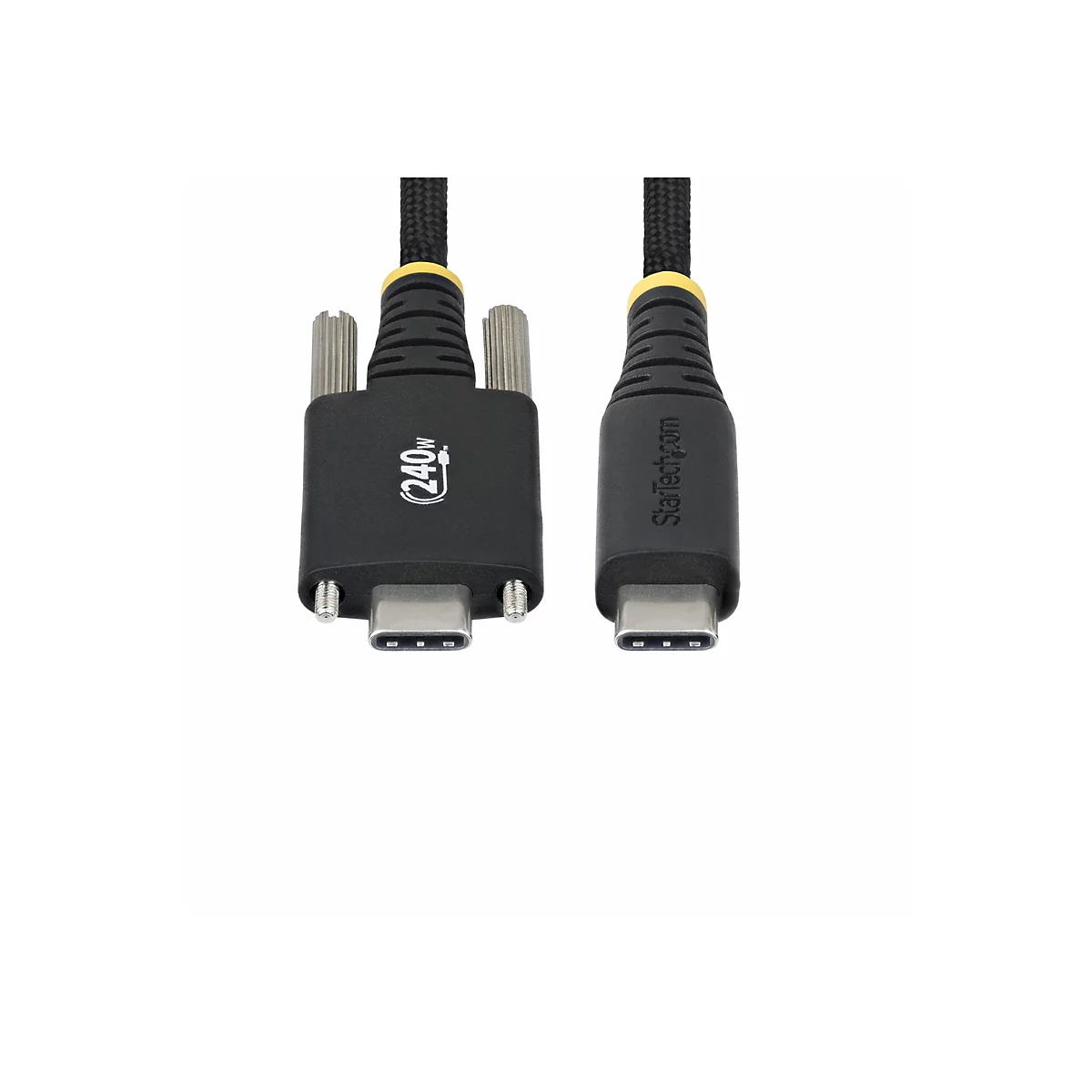 Ein schwarzes Kabel mit zwei Enden: VGA- und USB-C-Stecker. Auf dem VGA-Stecker steht "240W". Auf dem USB-C-Stecker steht "Startech.com".