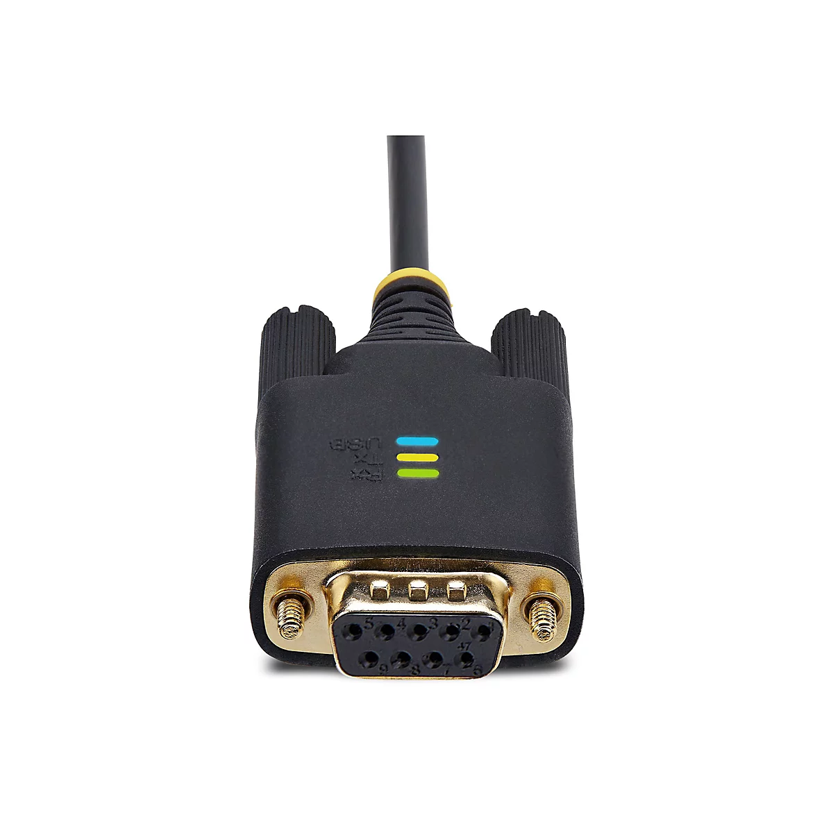 Schwarzer serieller RS232-Stecker mit drei leuchtenden Status-LEDs vor weißem Hintergrund.