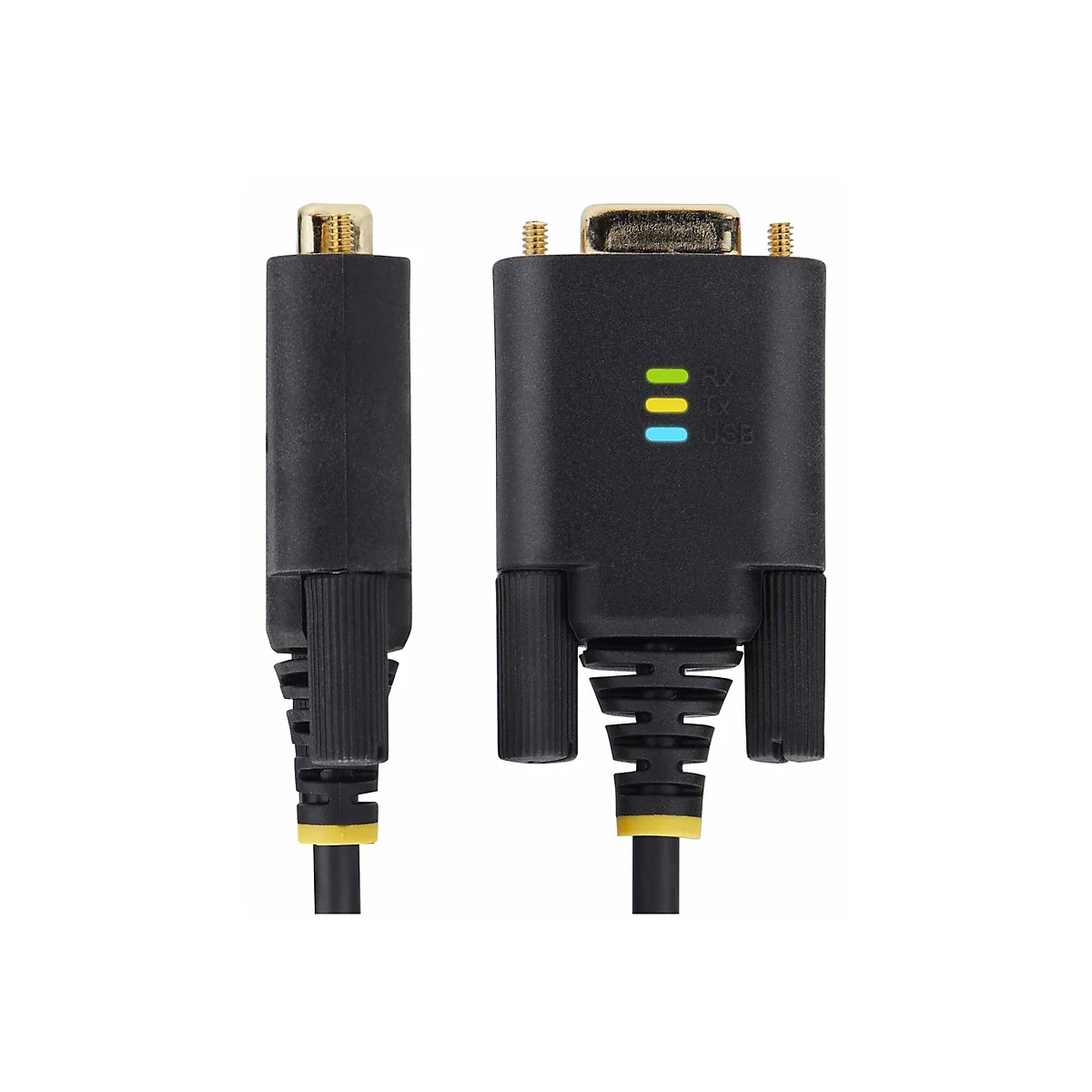 Ein schwarzer USB-Adapter mit gelben und grünen Leuchten. Auf der rechten Seite sind die Buchstaben Rx, Tx und USB zu sehen.