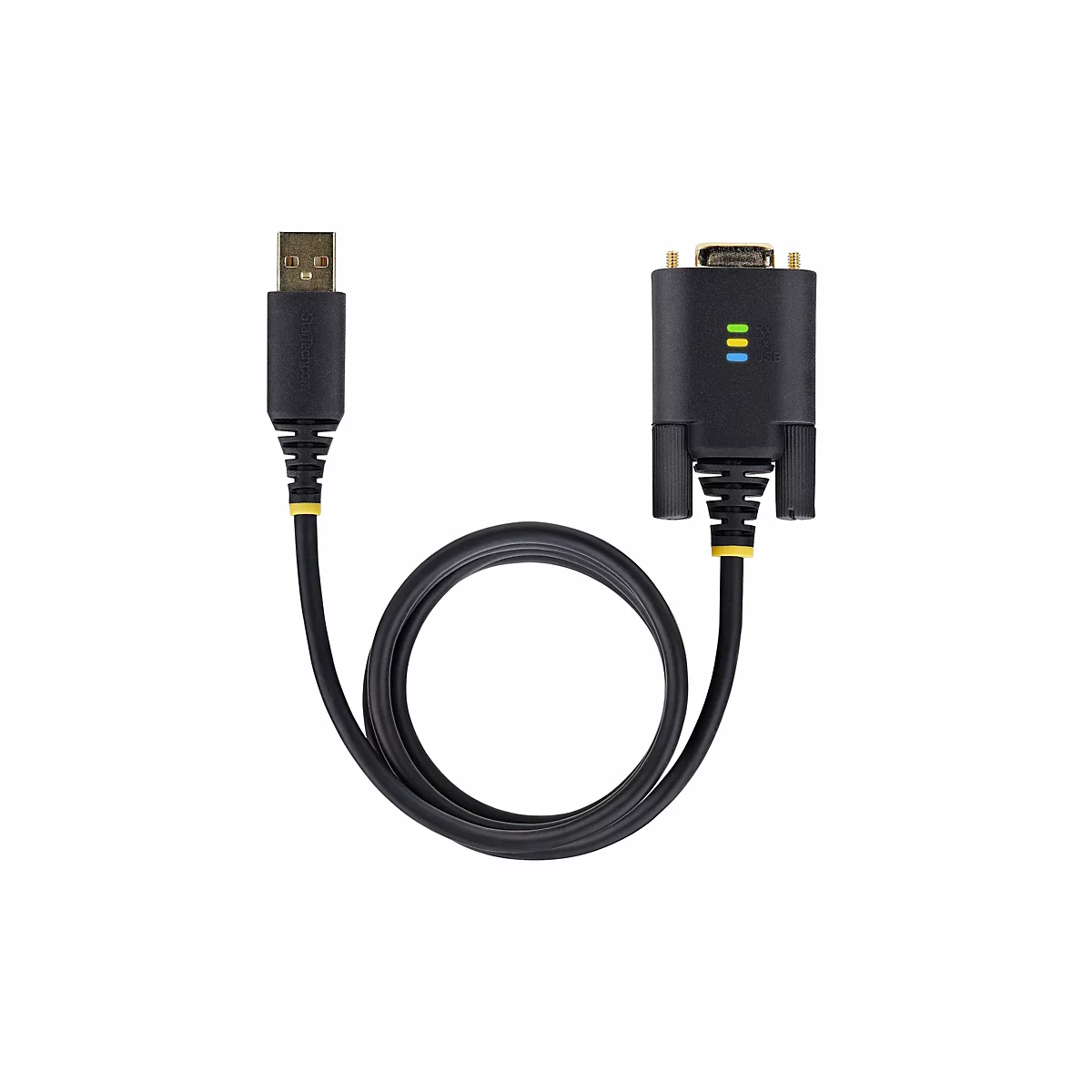 Schwarzes USB-zu-RS232-Adapterkabel. Das Kabel hat einen USB-A-Stecker und einen seriellen DB9-Anschluss. Am seriellen Stecker befinden sich drei LED-Leuchten.