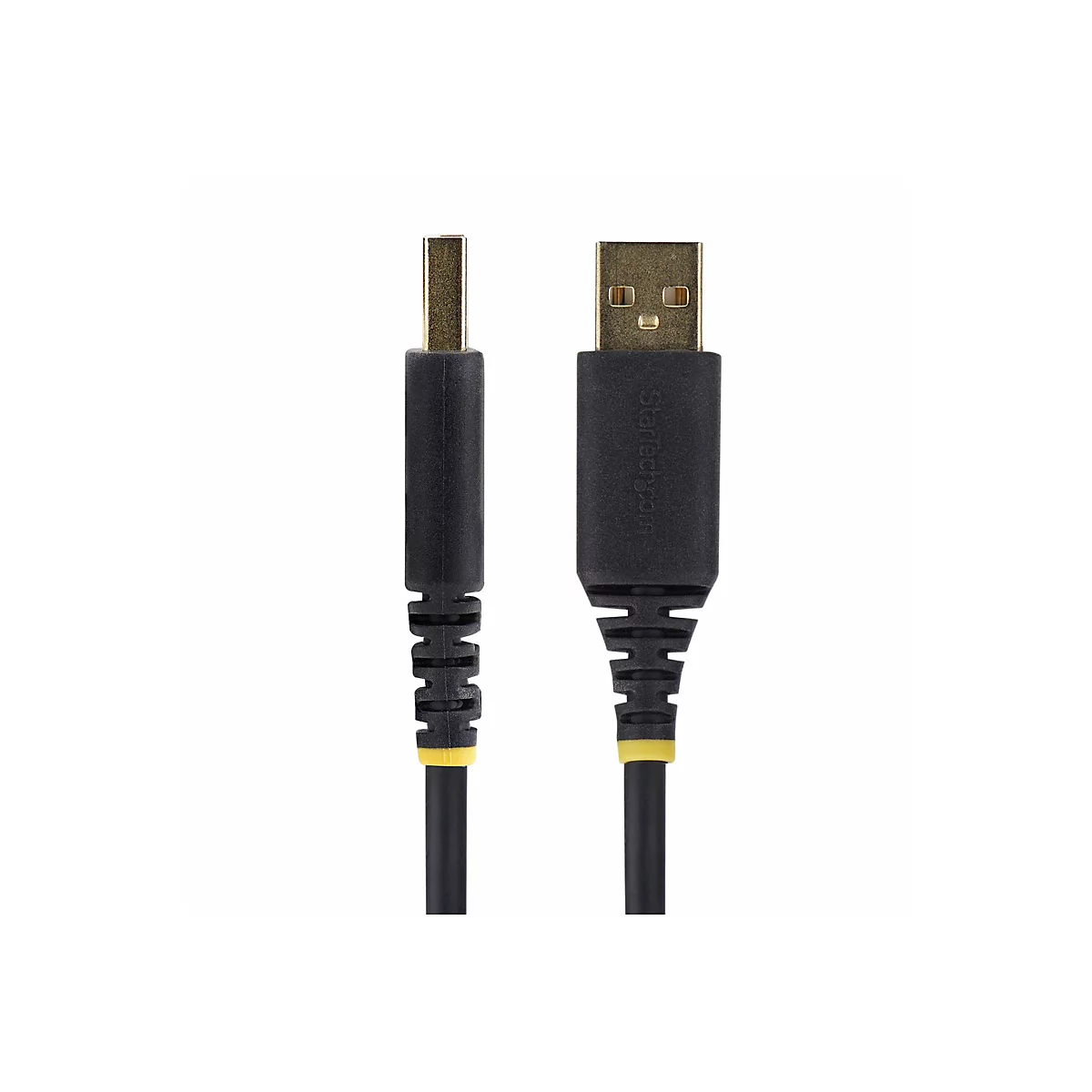 Zwei schwarze USB-Kabel mit goldenen Steckern und gelben Akzenten auf weißem Hintergrund.
